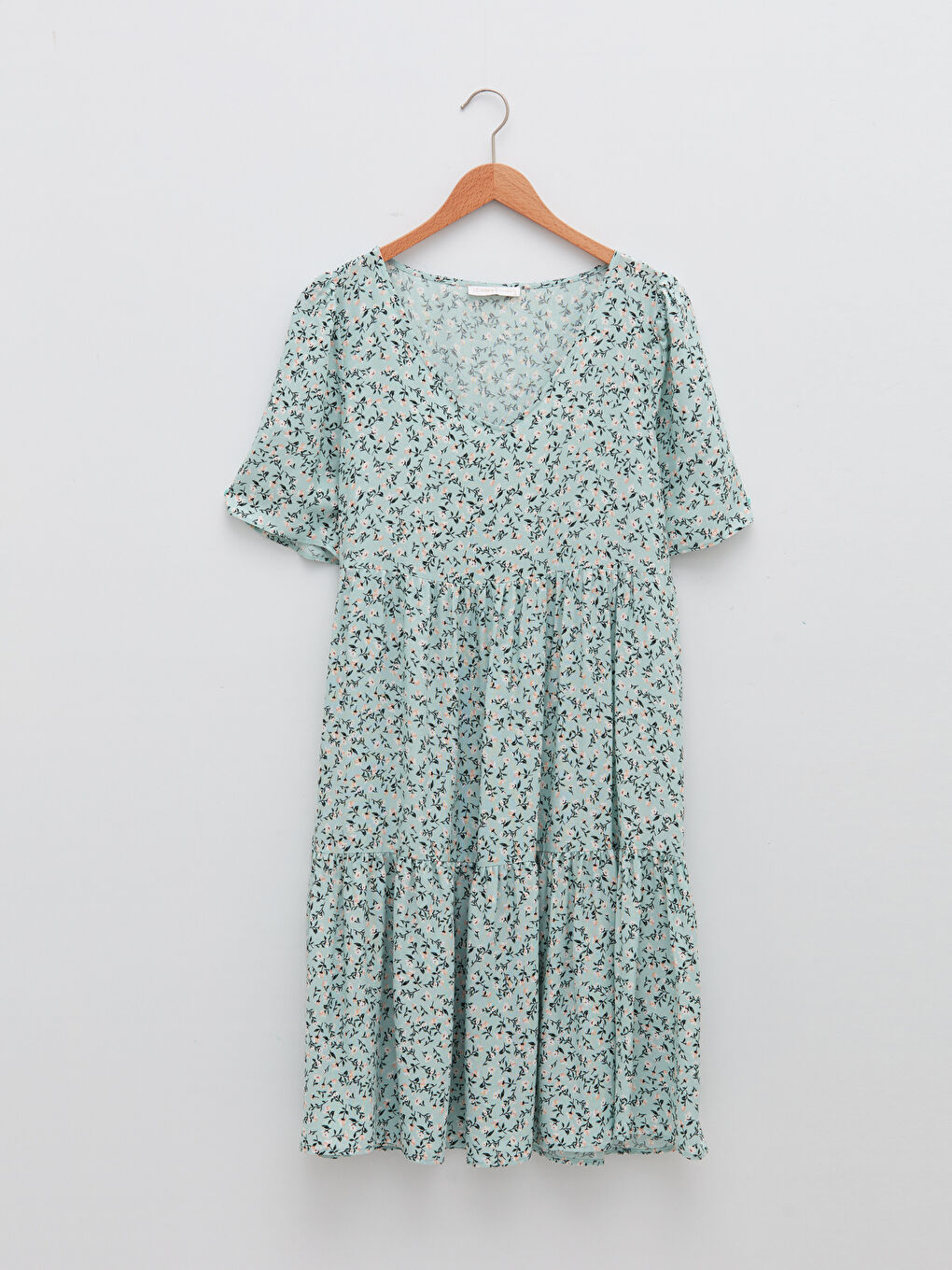 Yeşil V Yaka Çiçekli Kısa Kollu A Kesim Viskon Kadın Elbise-5