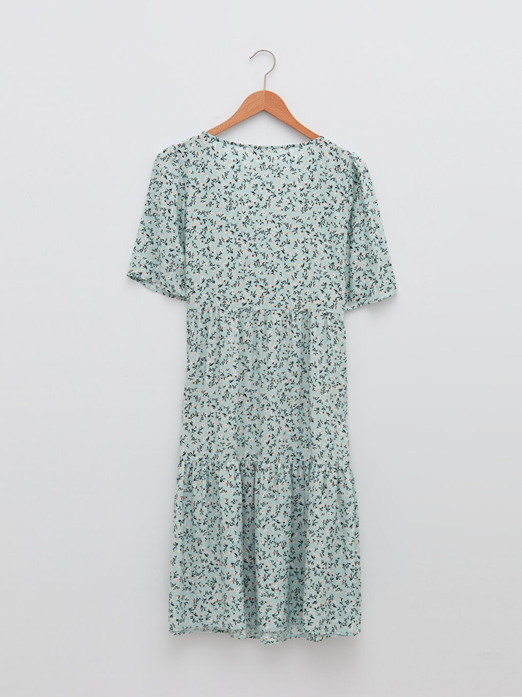 Yeşil V Yaka Çiçekli Kısa Kollu A Kesim Viskon Kadın Elbise-6