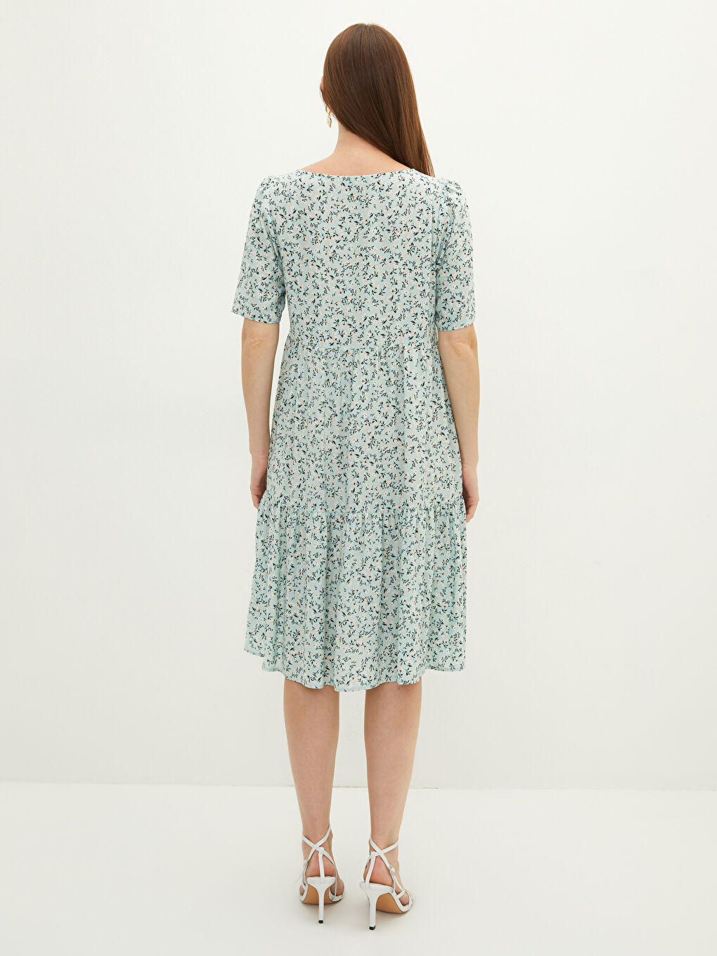 Yeşil V Yaka Çiçekli Kısa Kollu A Kesim Viskon Kadın Elbise-4