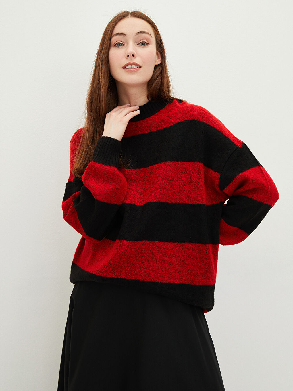 Siyah Yarım Balıkçı Yaka Renk Bloklu Uzun Kollu Kadın Triko Tunik