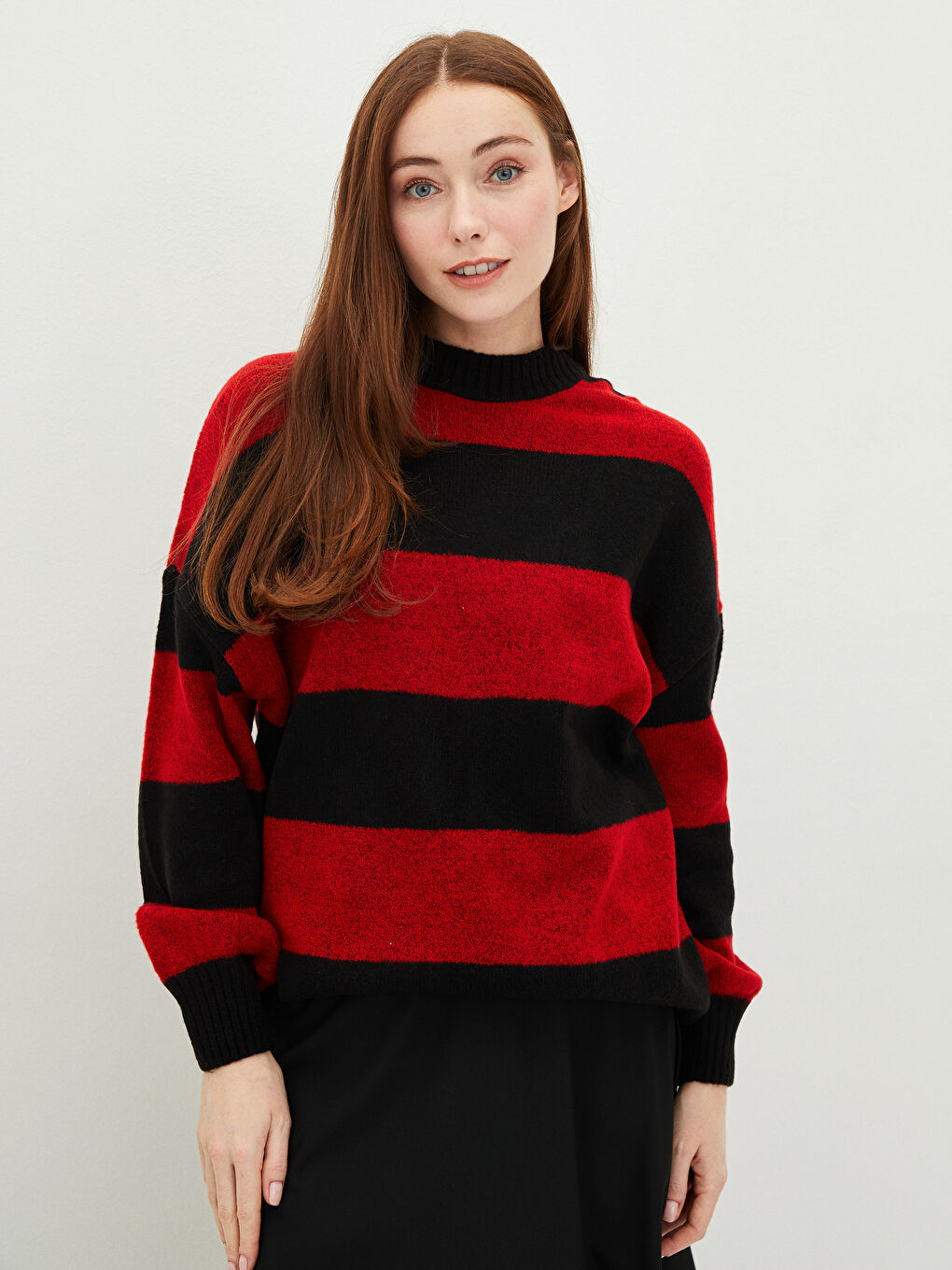 Siyah Yarım Balıkçı Yaka Renk Bloklu Uzun Kollu Kadın Triko Tunik-1