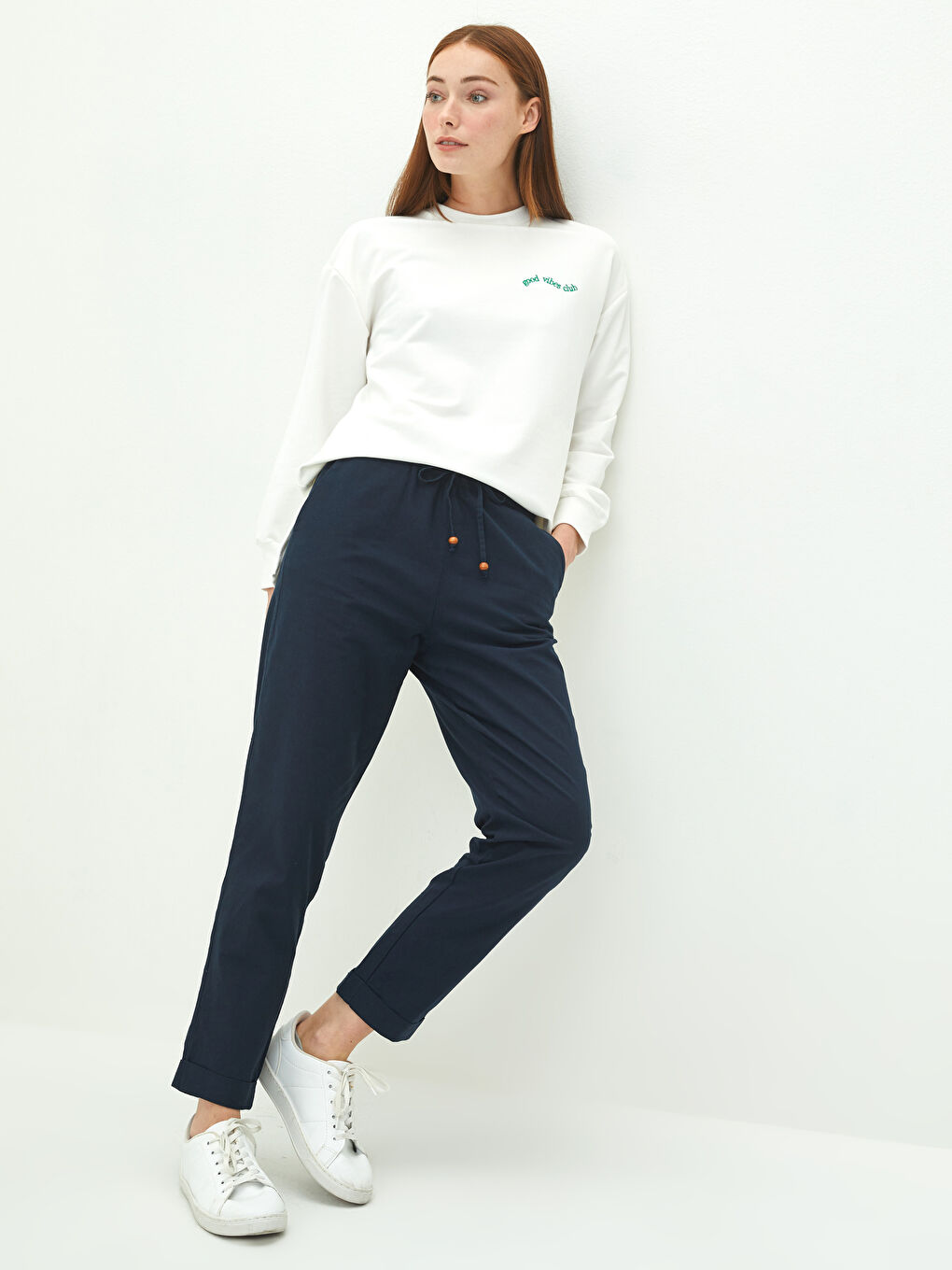 Lacivert Beli Lastikli Düz Cep Detaylı Kadın Palazzo Pantolon-1