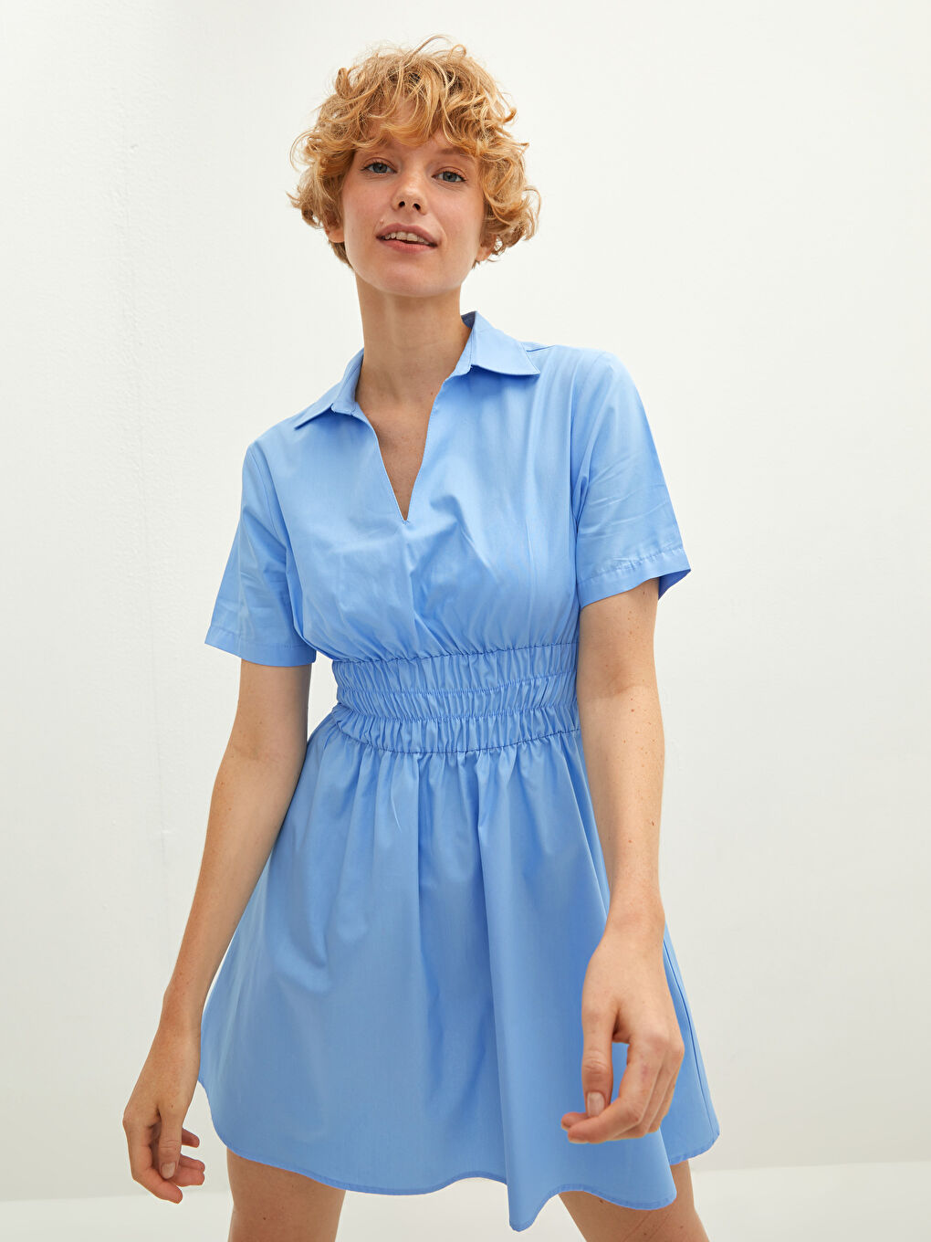 Mavi Kısa Kollu Basic Pamuklu Kadın Gömlek Elbise