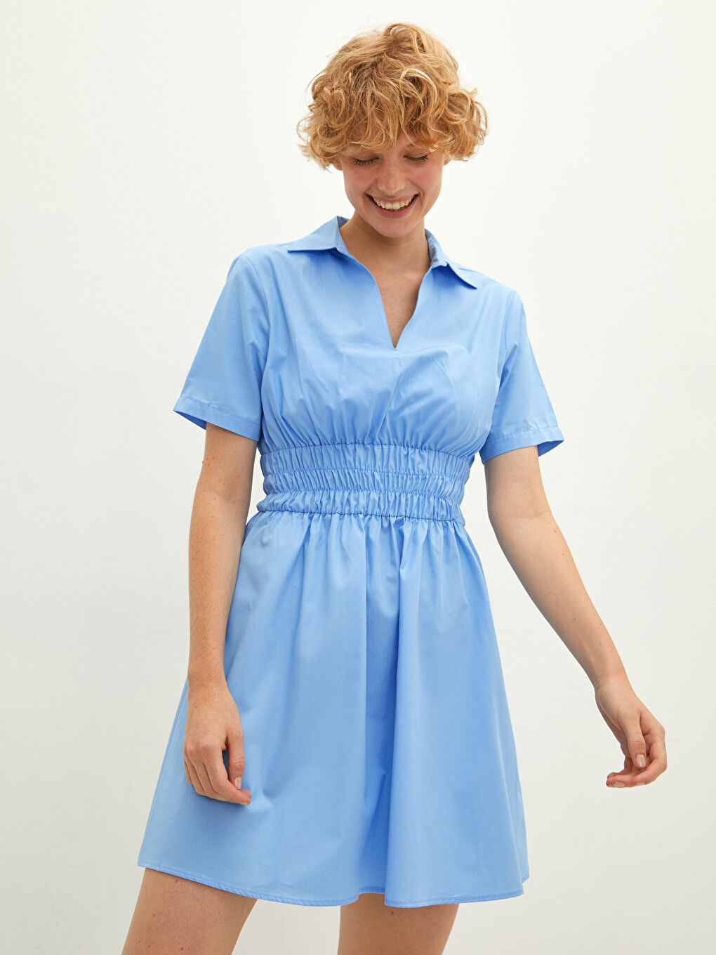 Mavi Kısa Kollu Basic Pamuklu Kadın Gömlek Elbise-1
