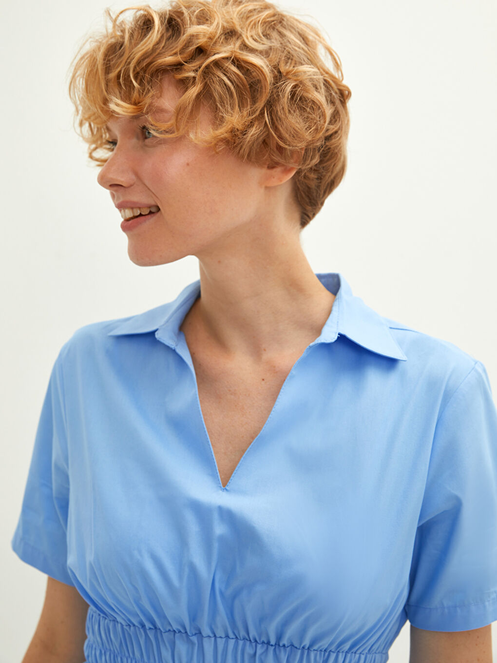 Mavi Kısa Kollu Basic Pamuklu Kadın Gömlek Elbise-3