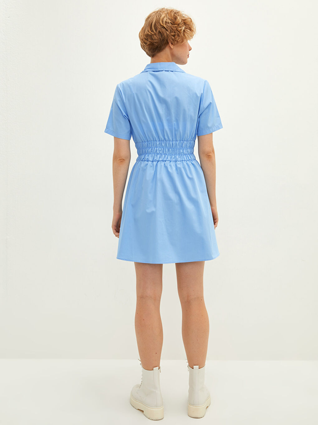 Mavi Kısa Kollu Basic Pamuklu Kadın Gömlek Elbise-4