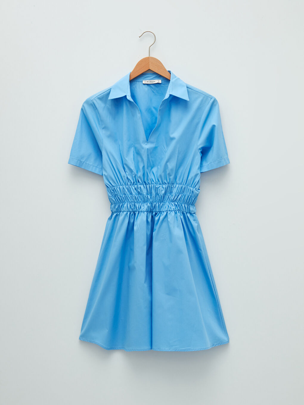 Mavi Kısa Kollu Basic Pamuklu Kadın Gömlek Elbise-5