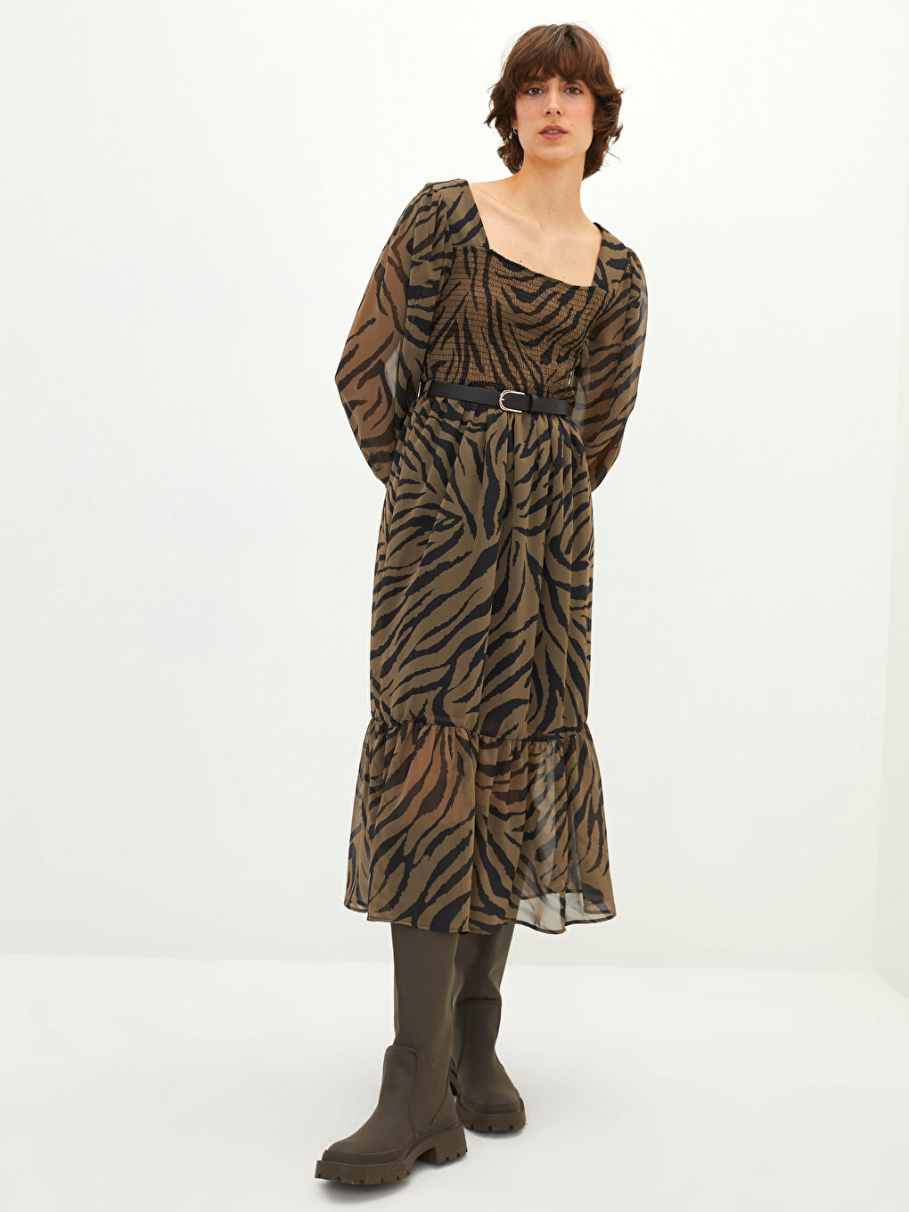 Square Collar Patterned Long Sleeve A-Line Chiffon Women's Dress