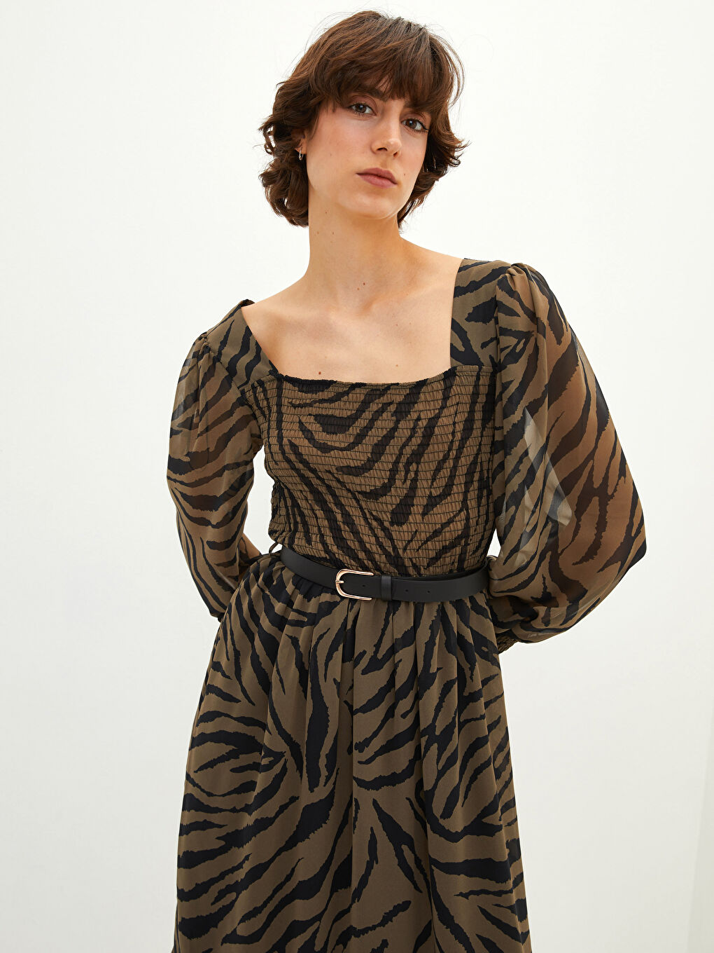 Square Collar Patterned Long Sleeve A-Line Chiffon Women's Dress-1