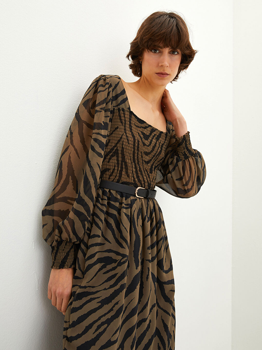 Square Collar Patterned Long Sleeve A-Line Chiffon Women's Dress-2
