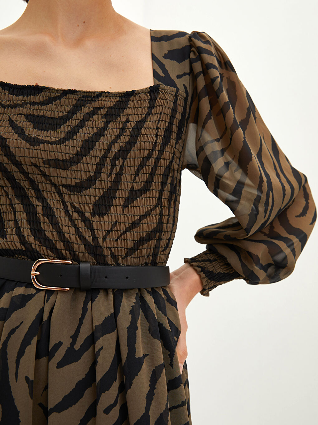 Square Collar Patterned Long Sleeve A-Line Chiffon Women's Dress-3