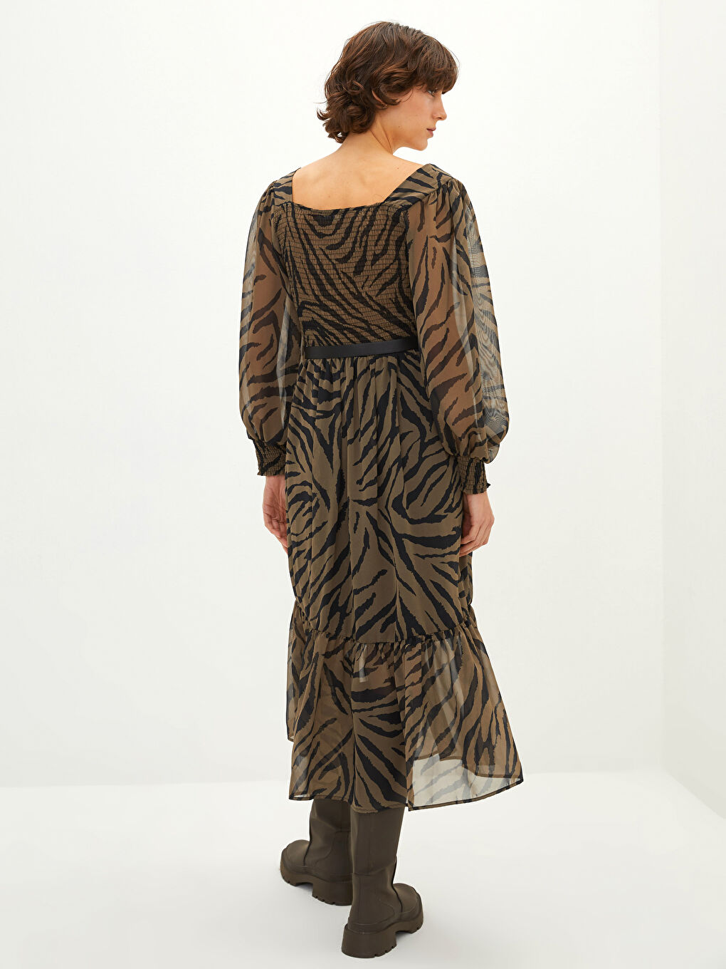 Square Collar Patterned Long Sleeve A-Line Chiffon Women's Dress-4