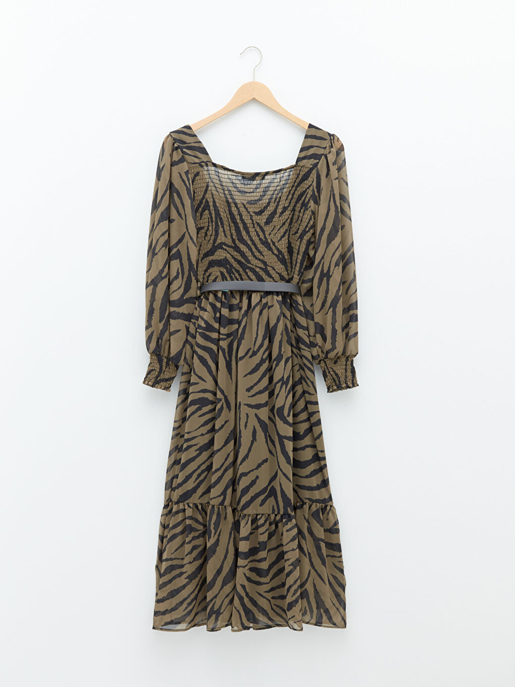Square Collar Patterned Long Sleeve A-Line Chiffon Women's Dress-6