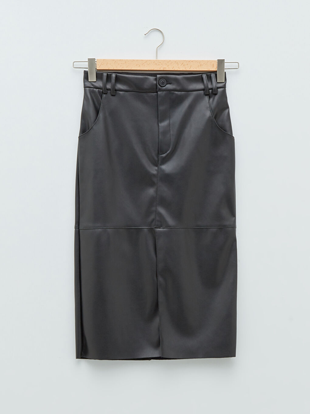 Siyah Dar Fit Düz Deri Görünümlü Kadın Kalem Etek-10