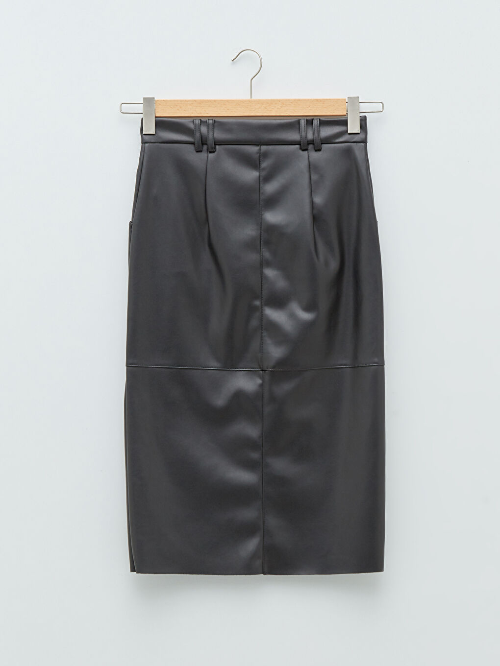 Siyah Dar Fit Düz Deri Görünümlü Kadın Kalem Etek-11