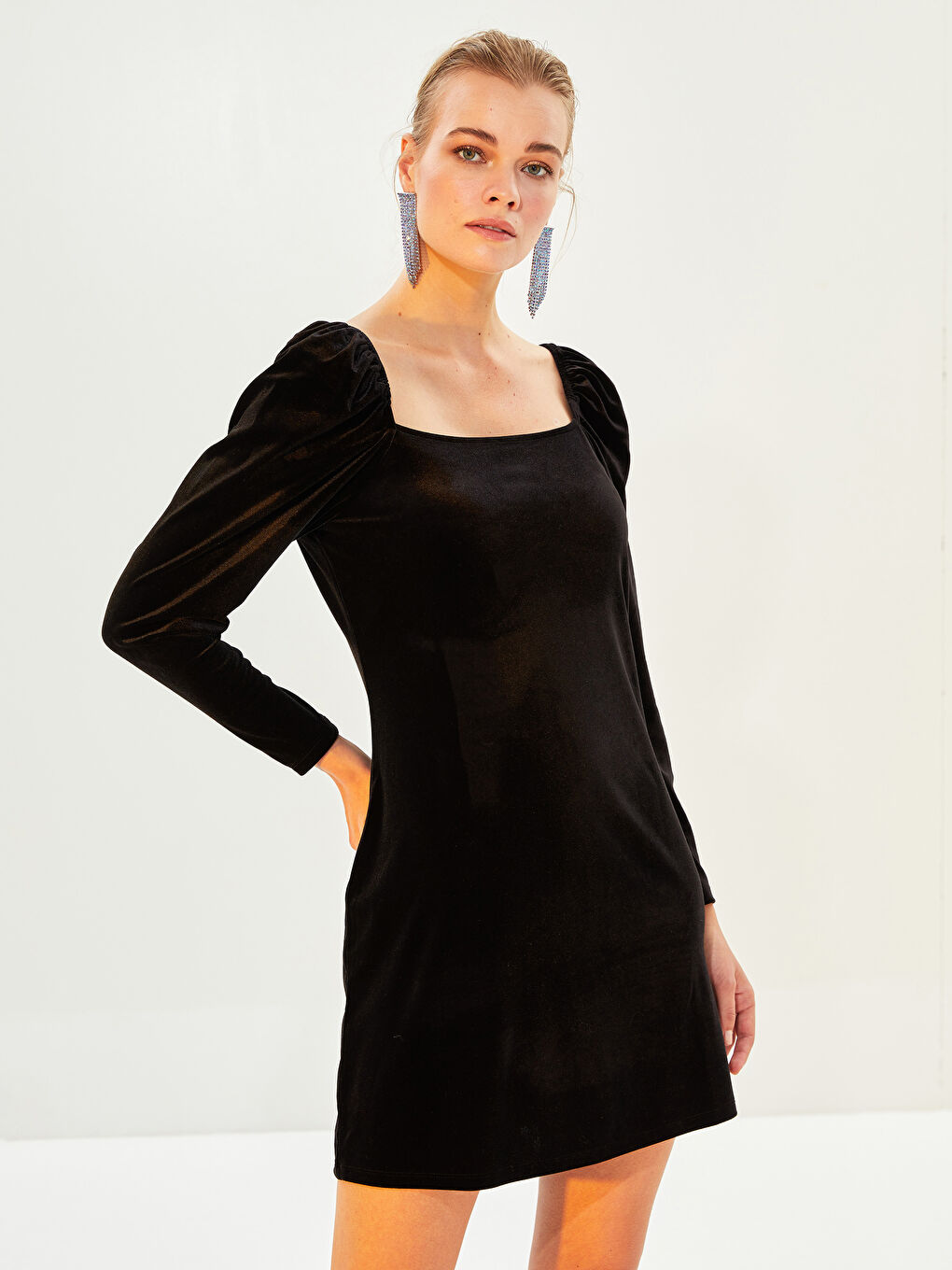 فستان مخمل بياقة مربعة كم طويل مستقيم للسيدات-2