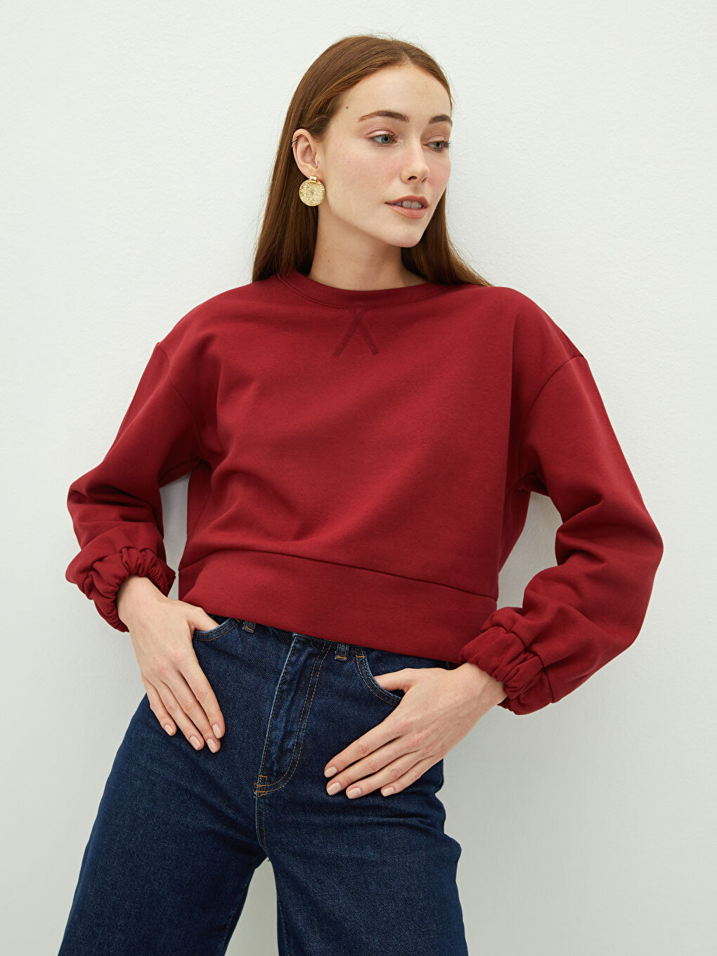 Crew Neck Plain Long Sleeve Women's Sweatshirt-1