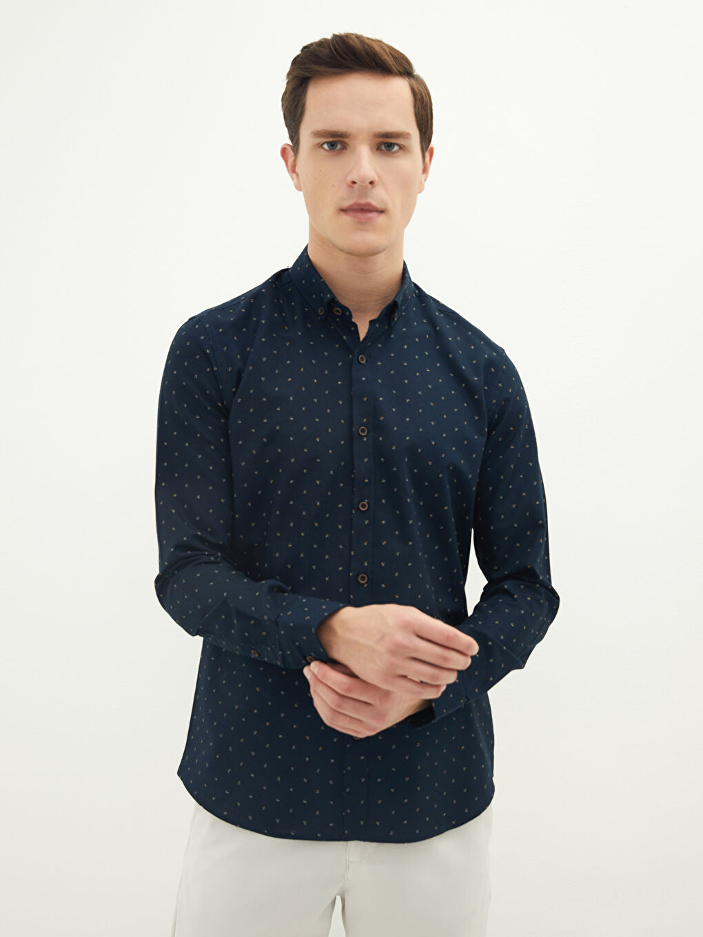 Lacivert Slim Fit Uzun Kollu Desenli Erkek Gömlek