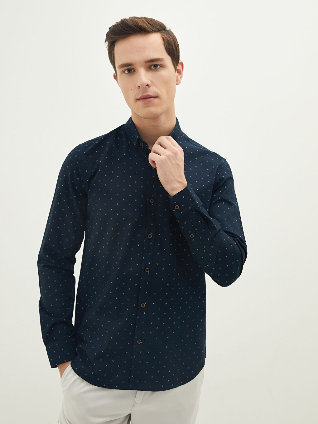 Lacivert Slim Fit Uzun Kollu Desenli Erkek Gömlek-1