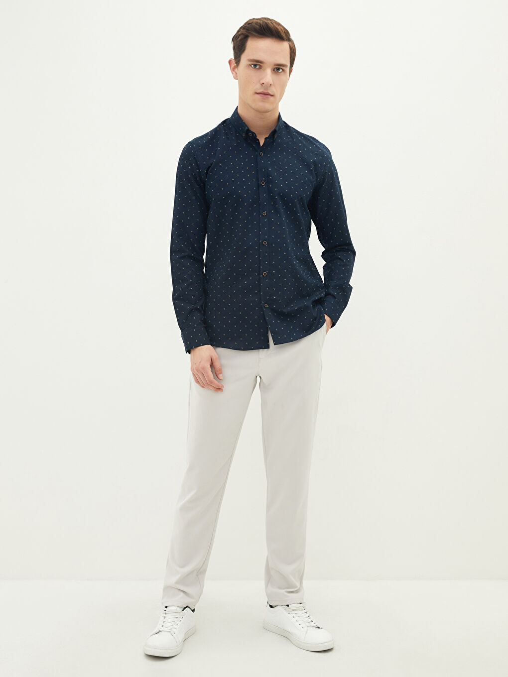 Lacivert Slim Fit Uzun Kollu Desenli Erkek Gömlek-2