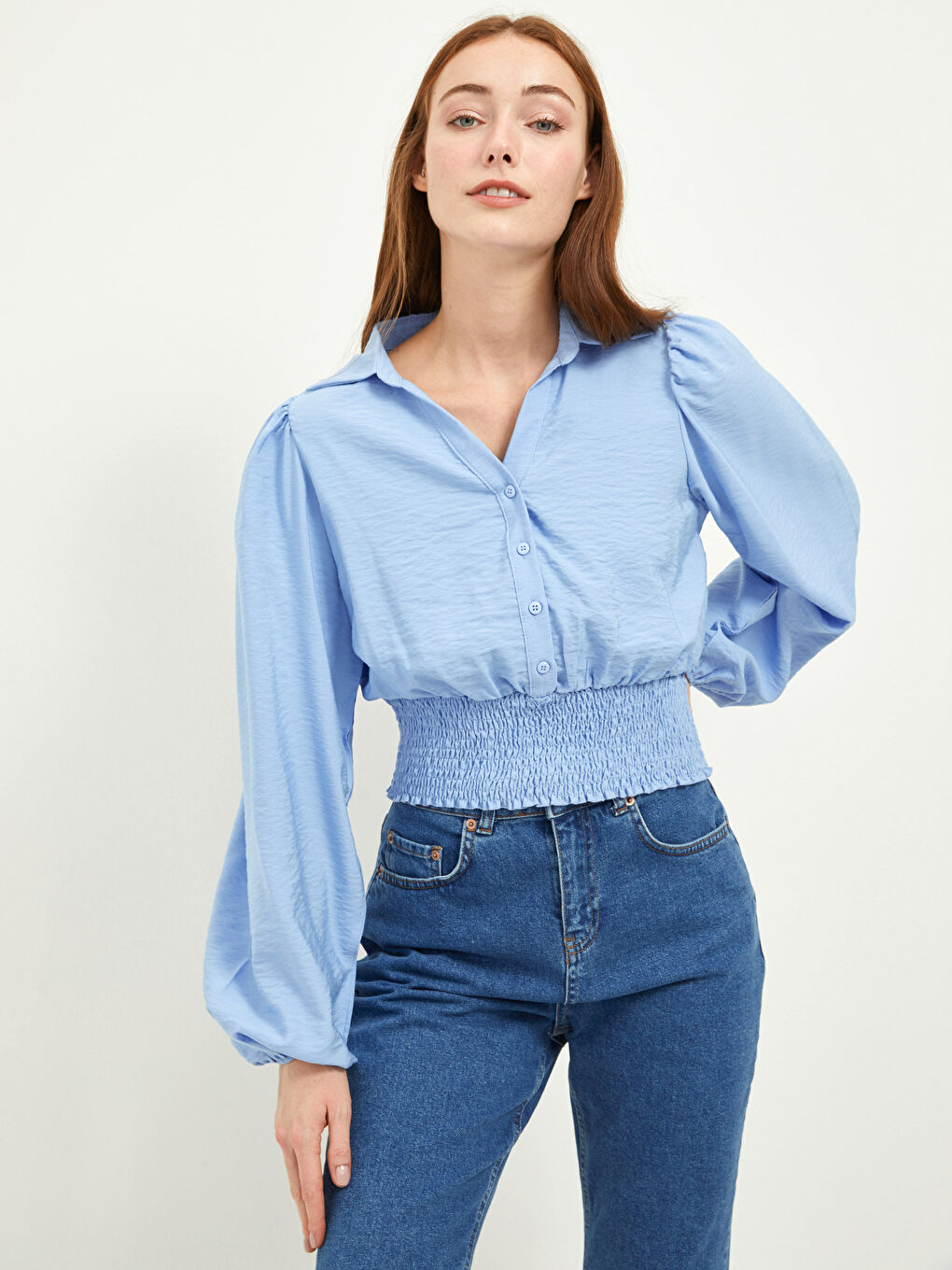 Collared Neck Plain Long Sleeve Women's Blouse