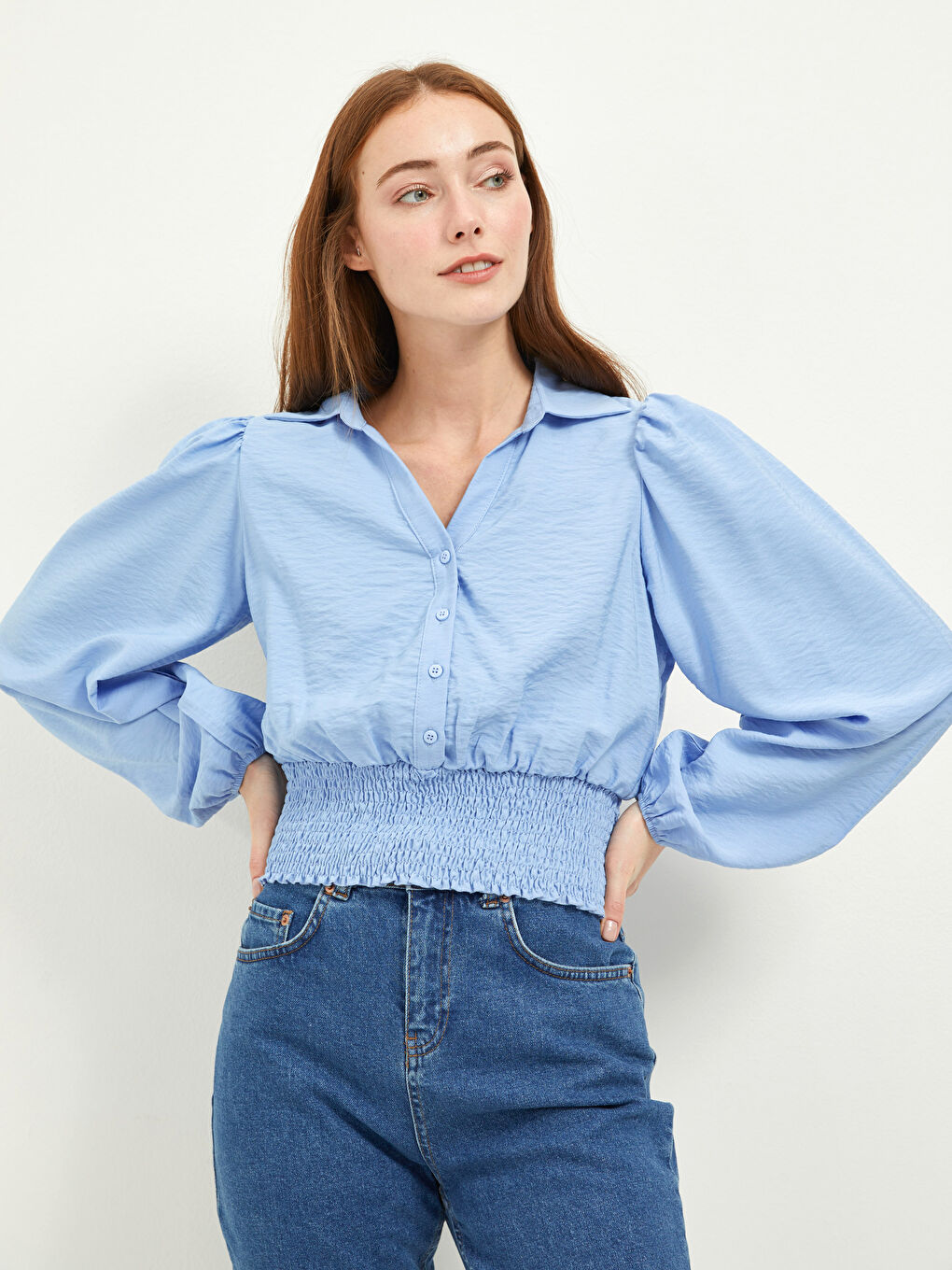 Collared Neck Plain Long Sleeve Women's Blouse-1