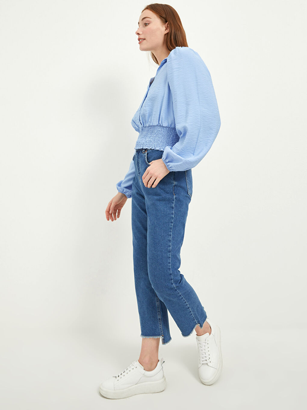 Collared Neck Plain Long Sleeve Women's Blouse-2