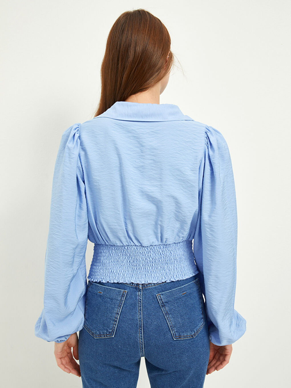 Collared Neck Plain Long Sleeve Women's Blouse-4