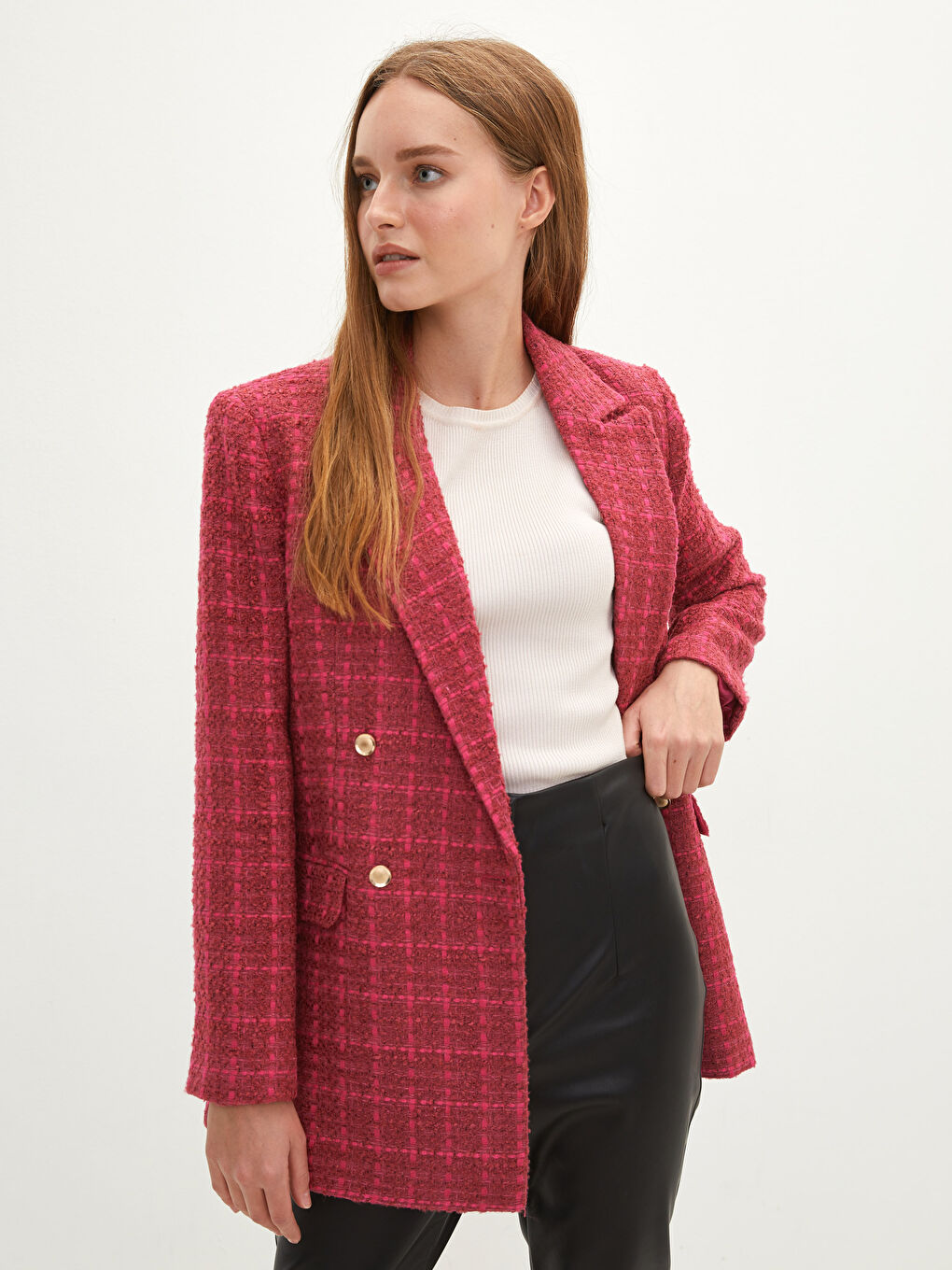 Jachetă pentru Femei cu Nasturi, Carouri, Mânecă Lungă