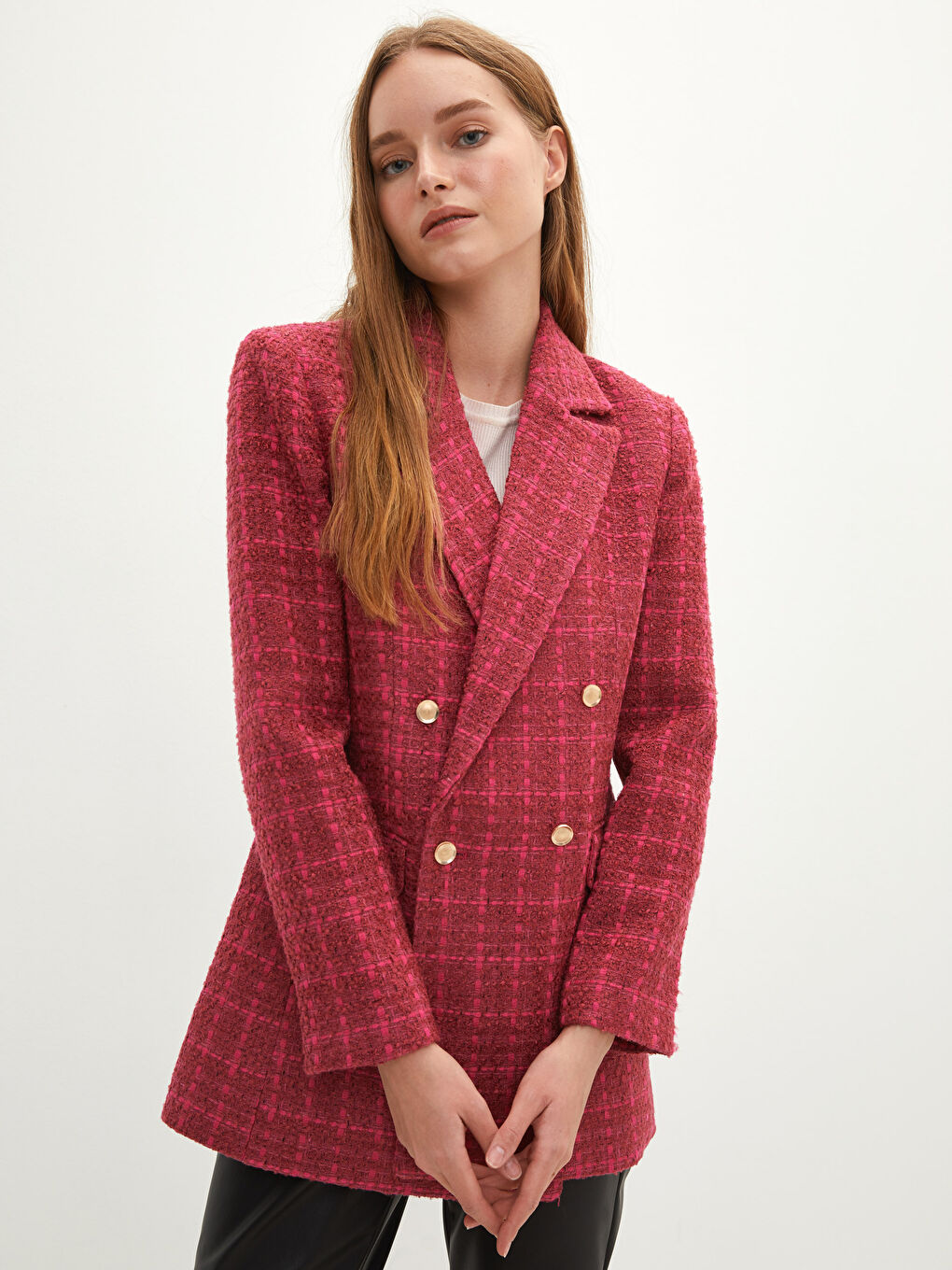 Jachetă pentru Femei cu Nasturi, Carouri, Mânecă Lungă-1