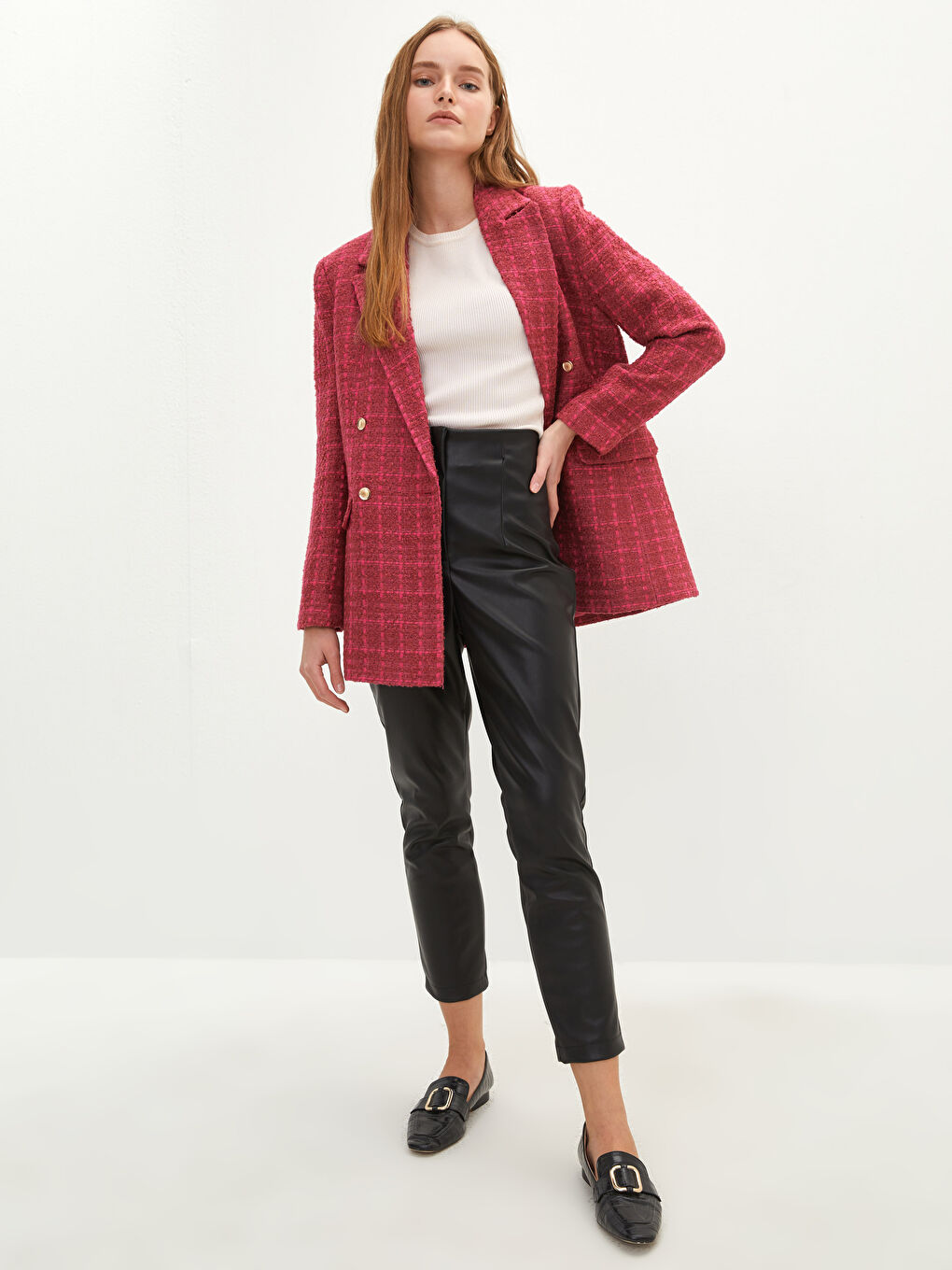 Jachetă pentru Femei cu Nasturi, Carouri, Mânecă Lungă-2