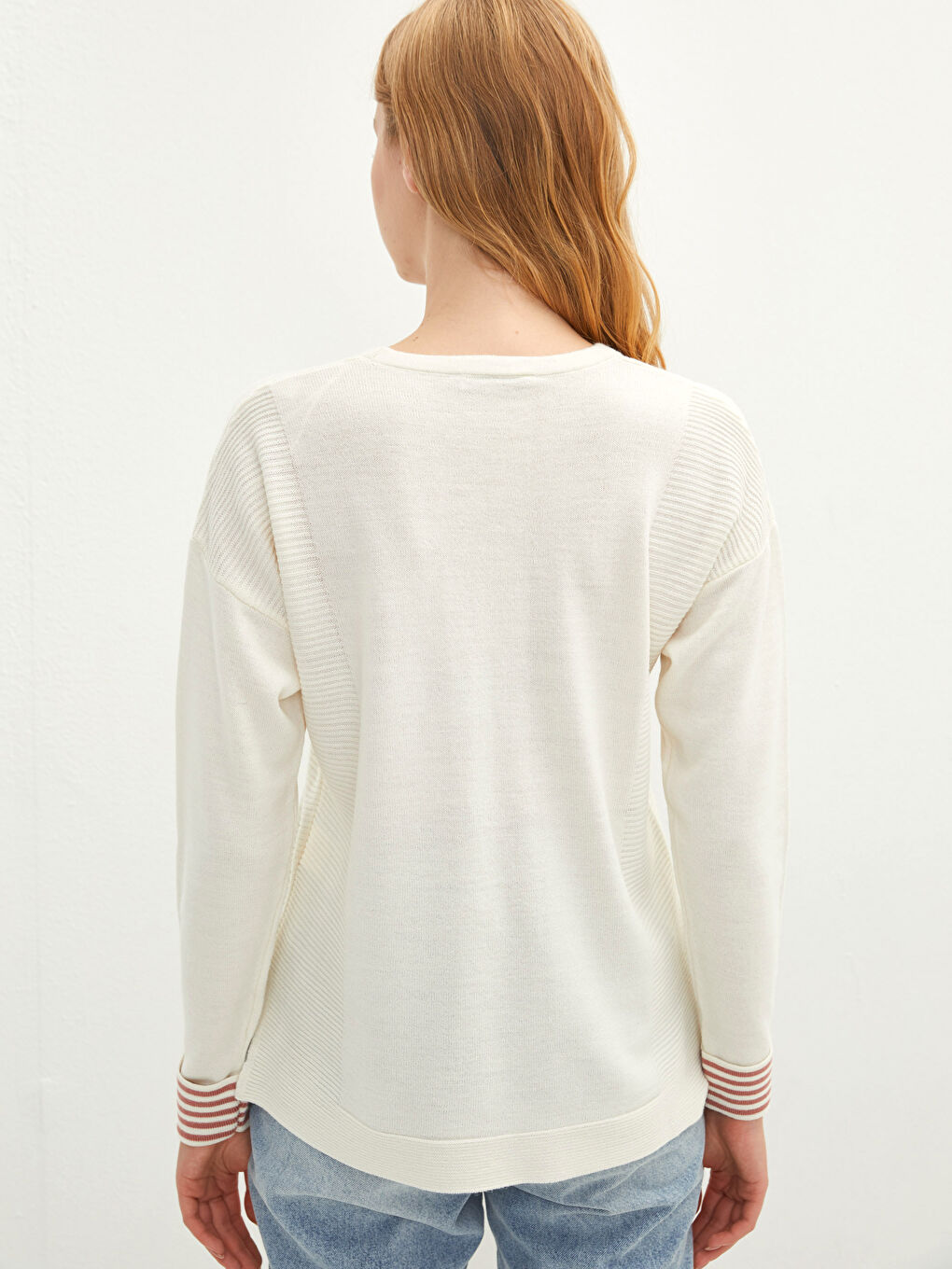 Ekru Bisiklet Yaka Kendinden Desenli Uzun Kollu Kadın Triko Kazak-4