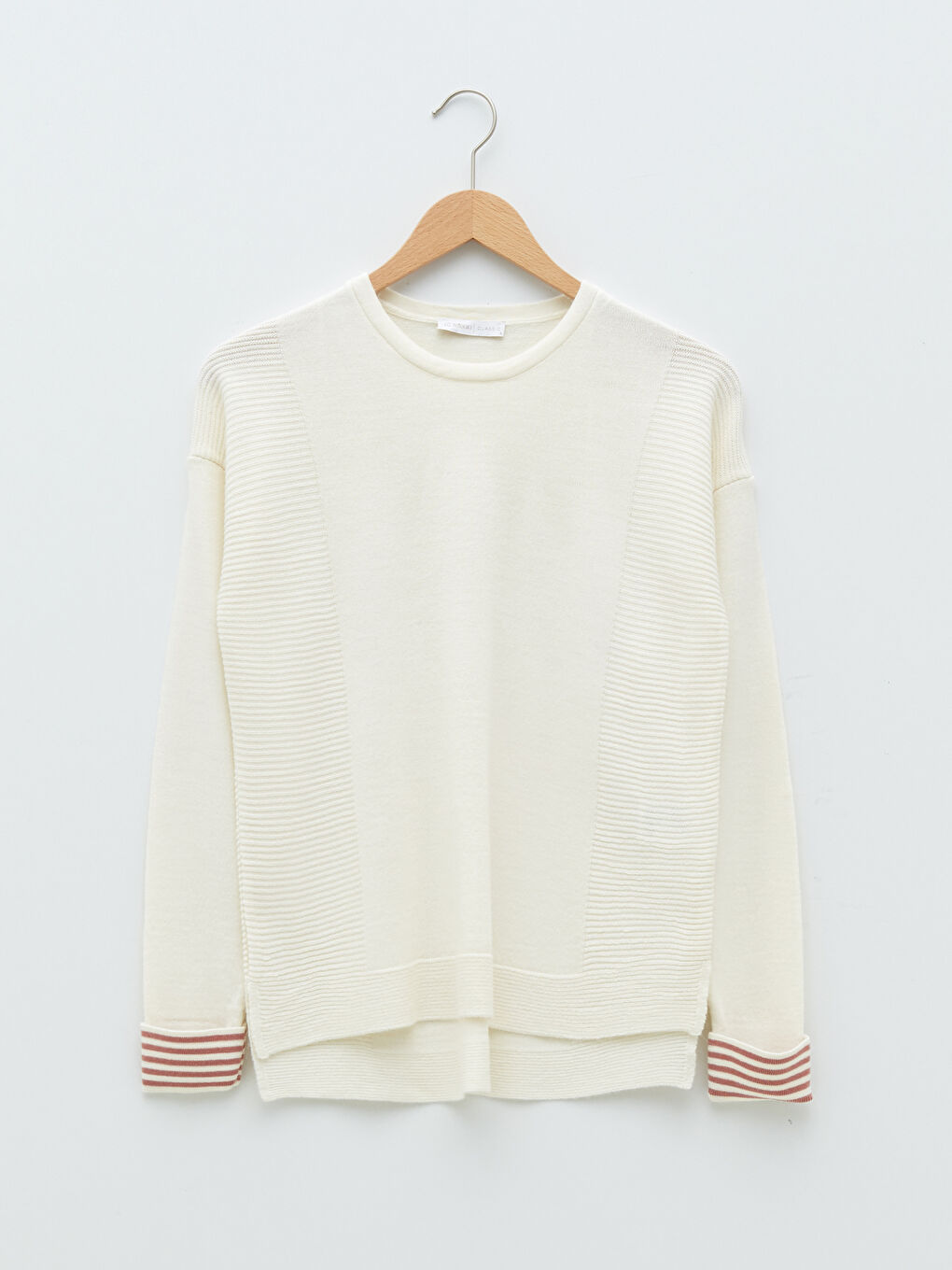 Ekru Bisiklet Yaka Kendinden Desenli Uzun Kollu Kadın Triko Kazak-5