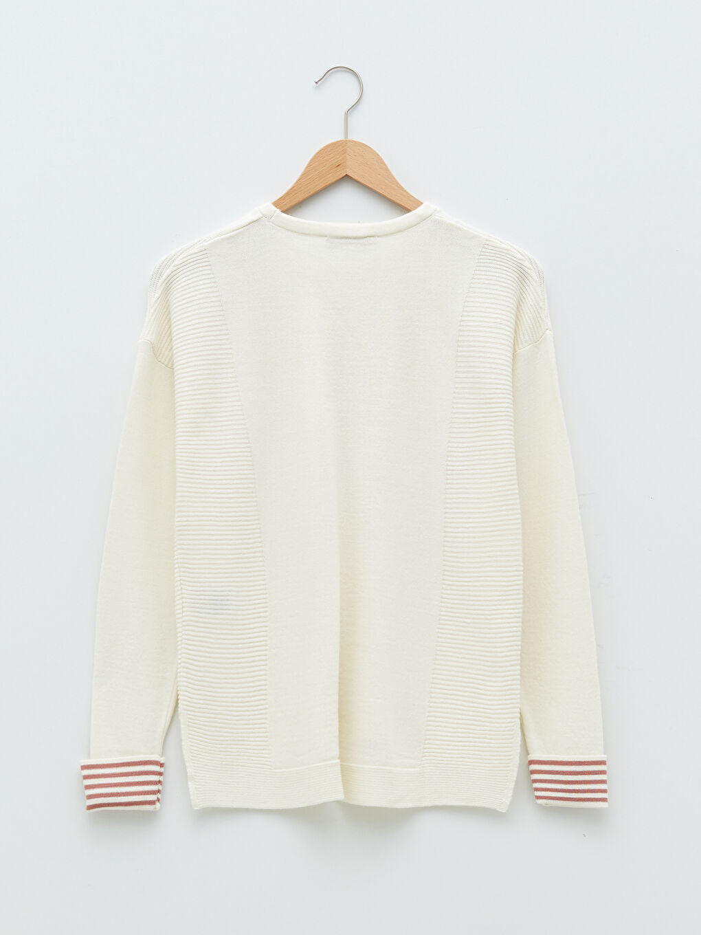 Ekru Bisiklet Yaka Kendinden Desenli Uzun Kollu Kadın Triko Kazak-6