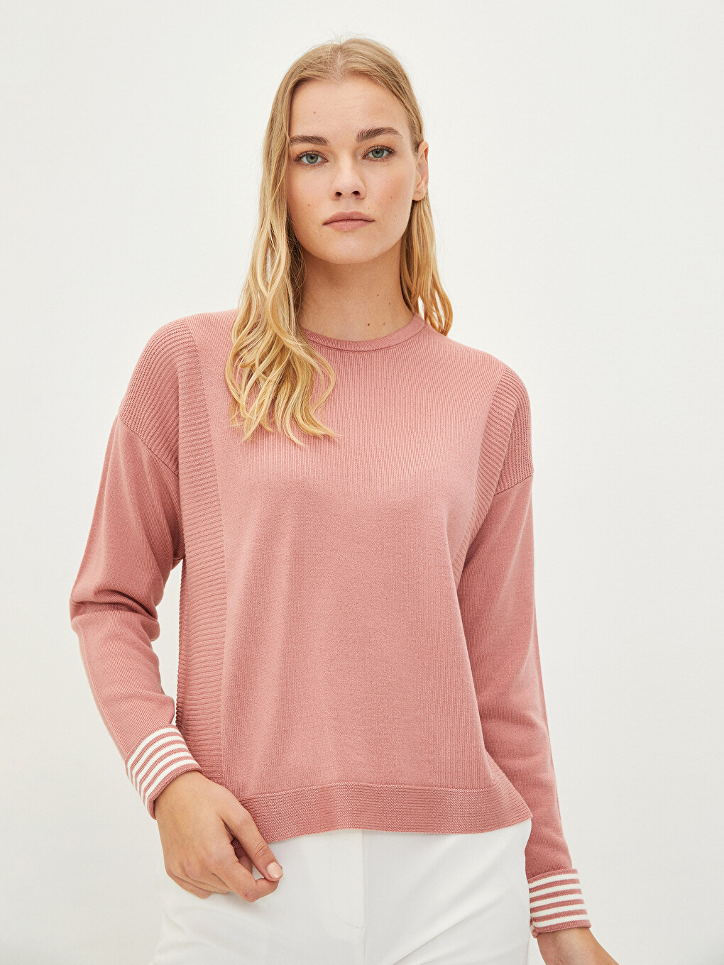 Crew Neck Self Patterned Long Sleeve Women's Knitwear Sweater-1