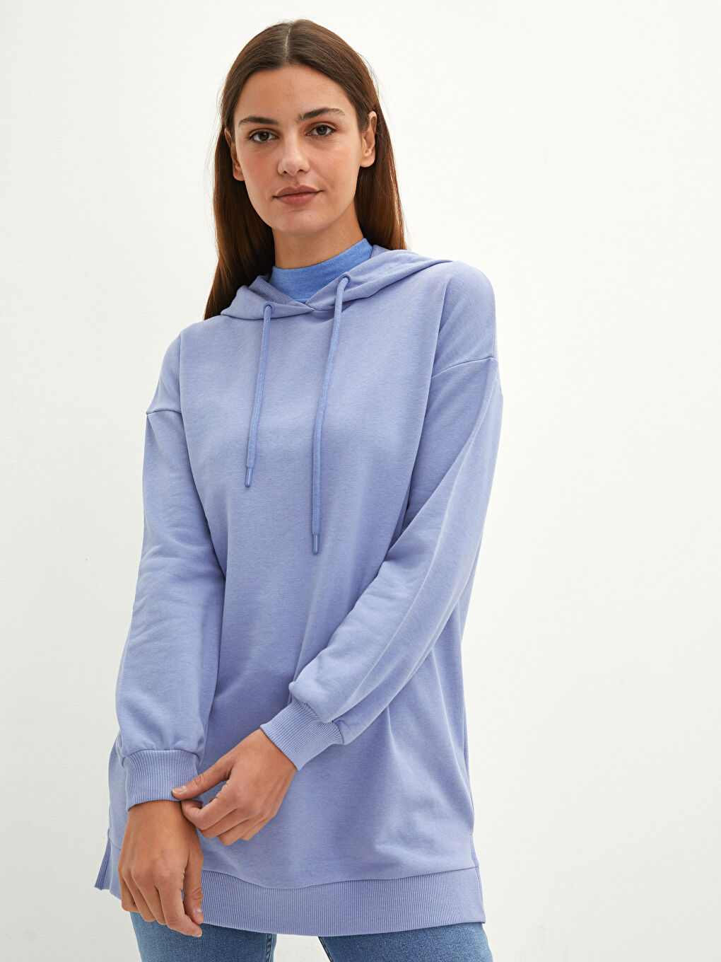 Толстовка-Туника Женская Оверсайз С Капюшоном Однотонная С Длинным Рукавом