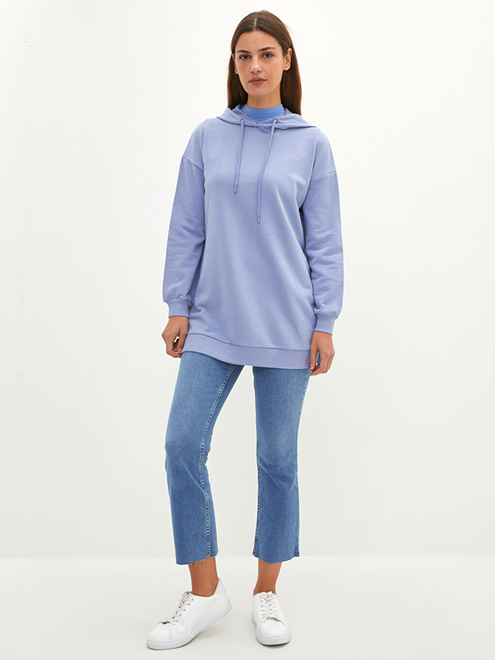 Толстовка-Туника Женская Оверсайз С Капюшоном Однотонная С Длинным Рукавом-2