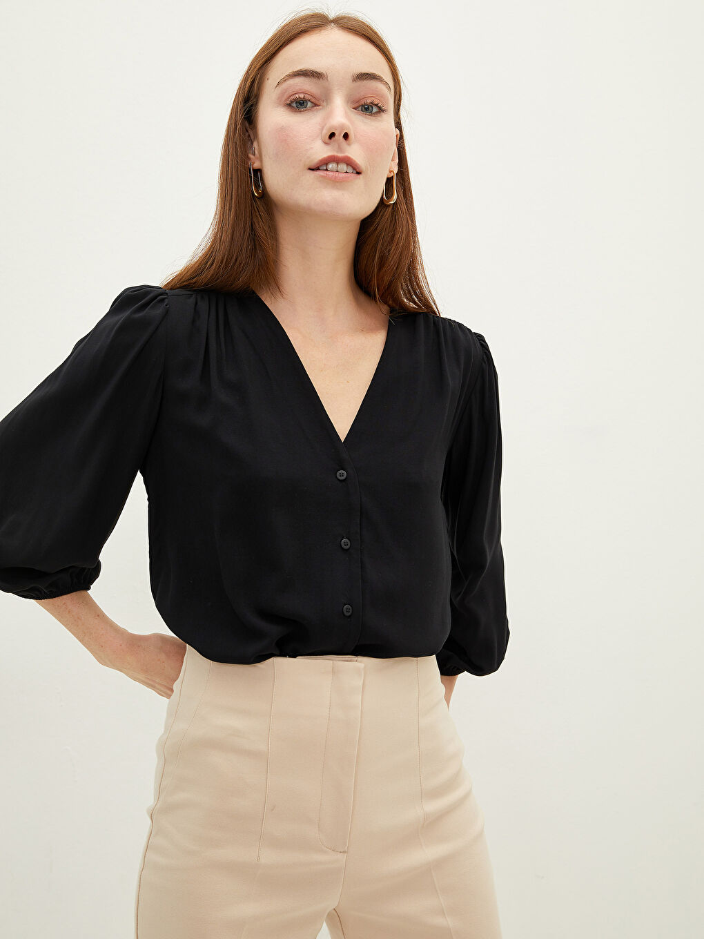 Блузка из вискозы с V-образным вырезом, прямым кроем и длинным рукавом для женщин-1