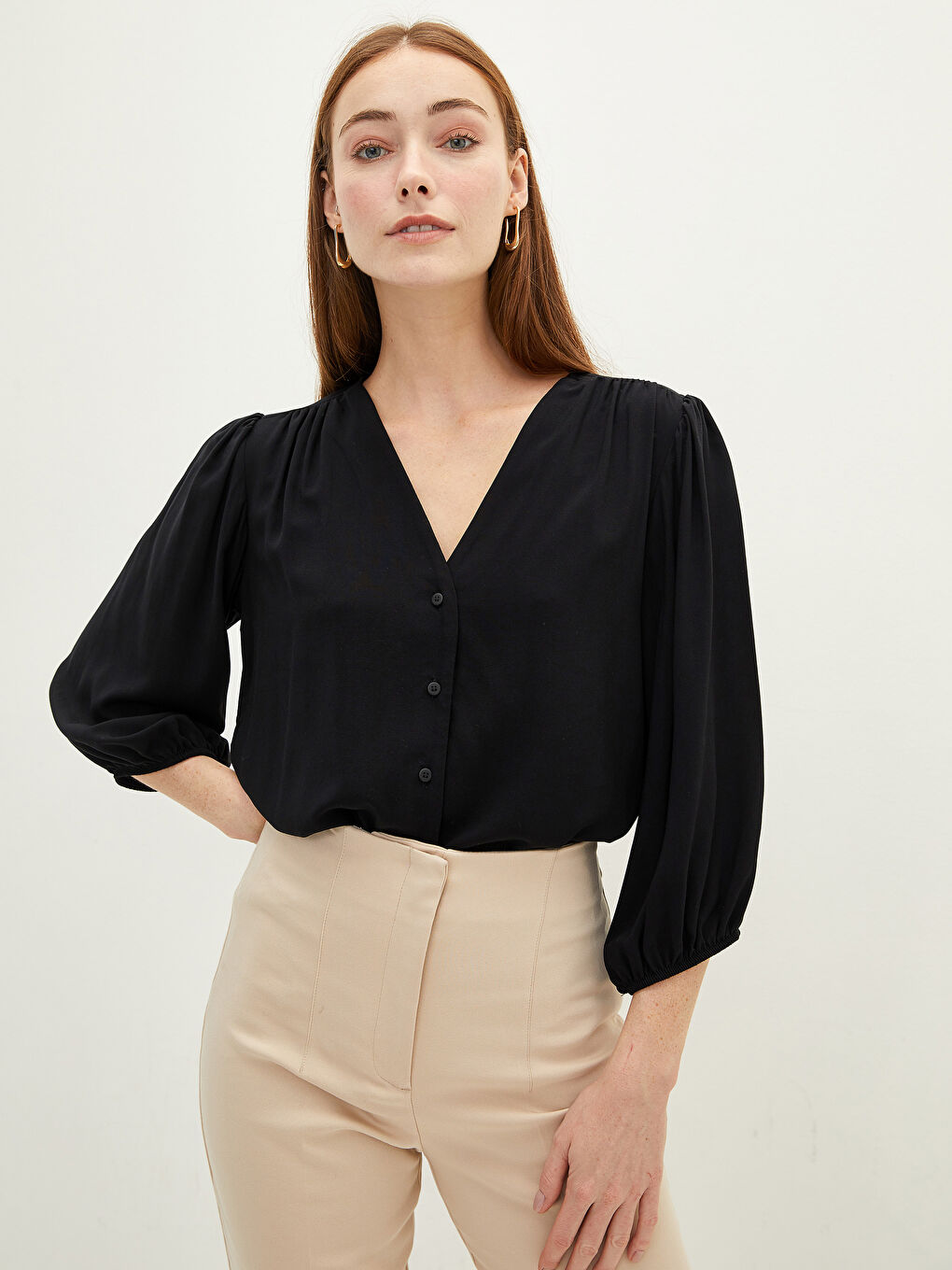 Блузка из вискозы с V-образным вырезом, прямым кроем и длинным рукавом для женщин-2