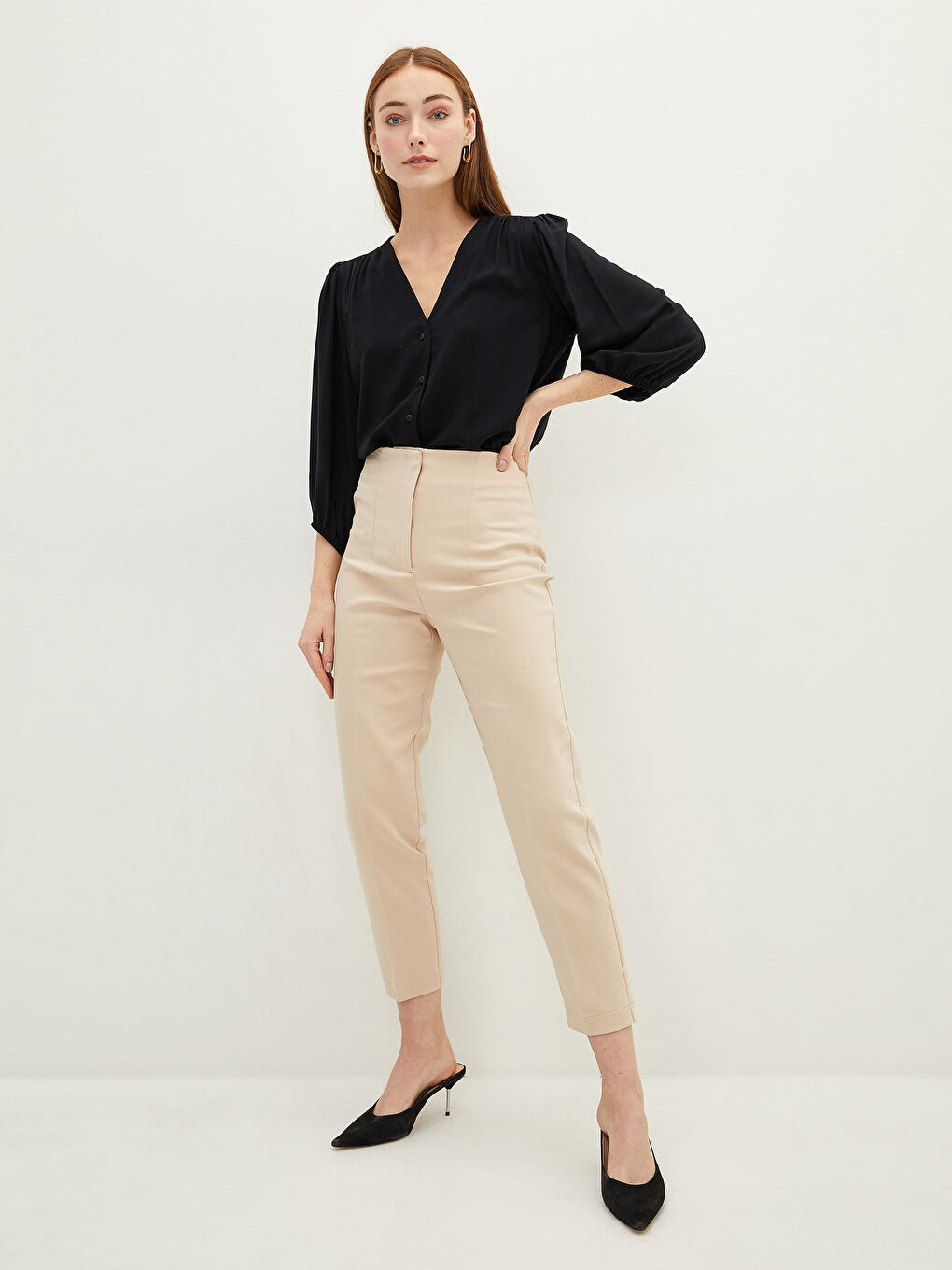 Блузка из вискозы с V-образным вырезом, прямым кроем и длинным рукавом для женщин-3