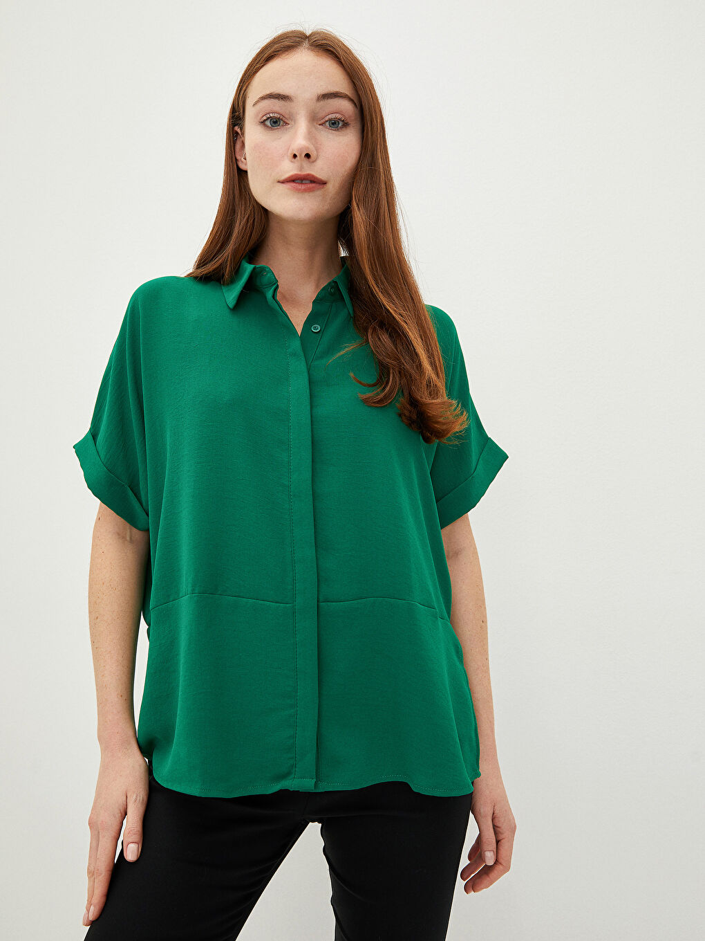 Front Button Closure Plain Short Sleeve Crepe Fabric Women's Shirt