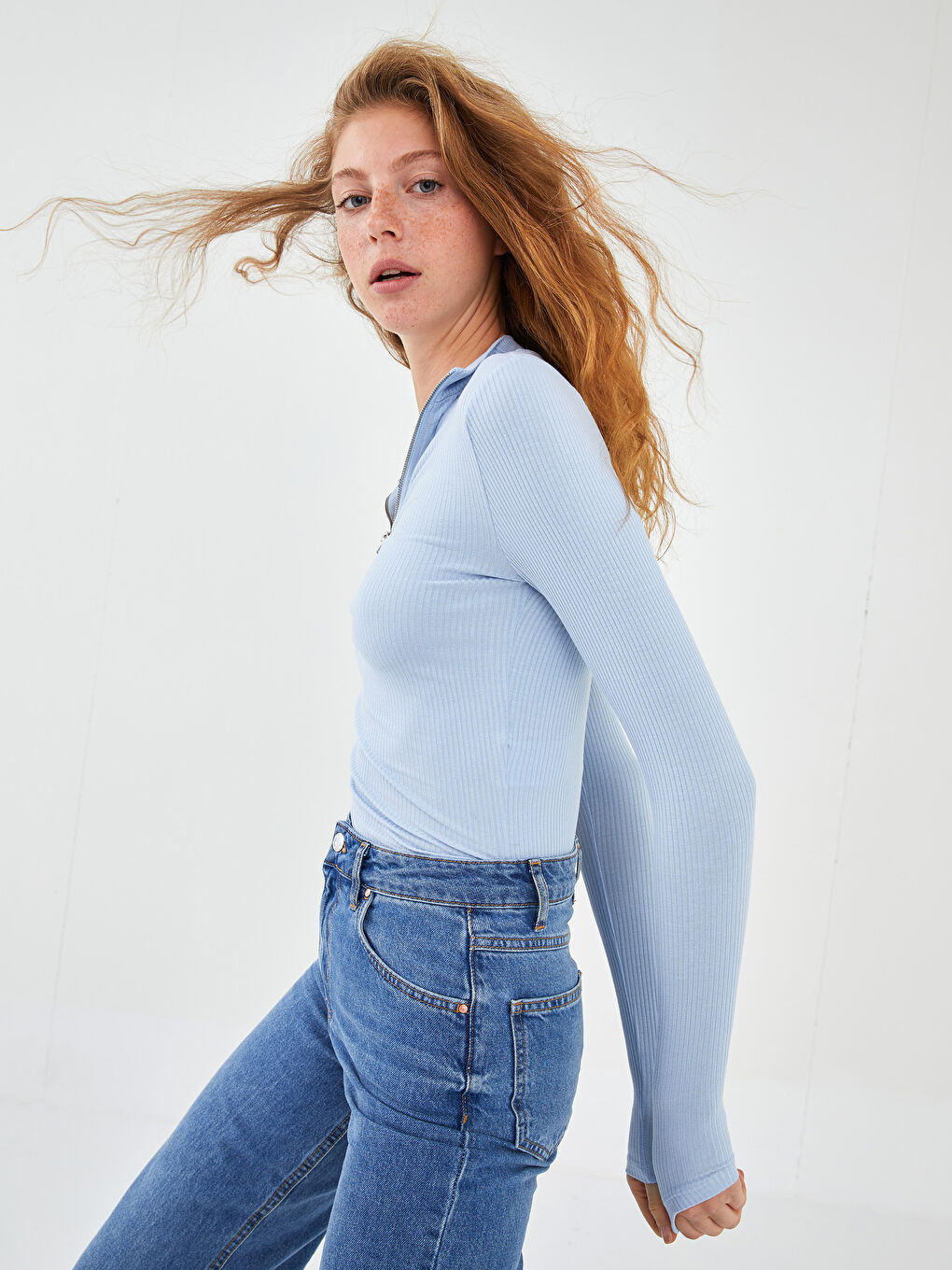 Mavi Dik Yaka Düz Uzun Kollu Kadın Crop-1