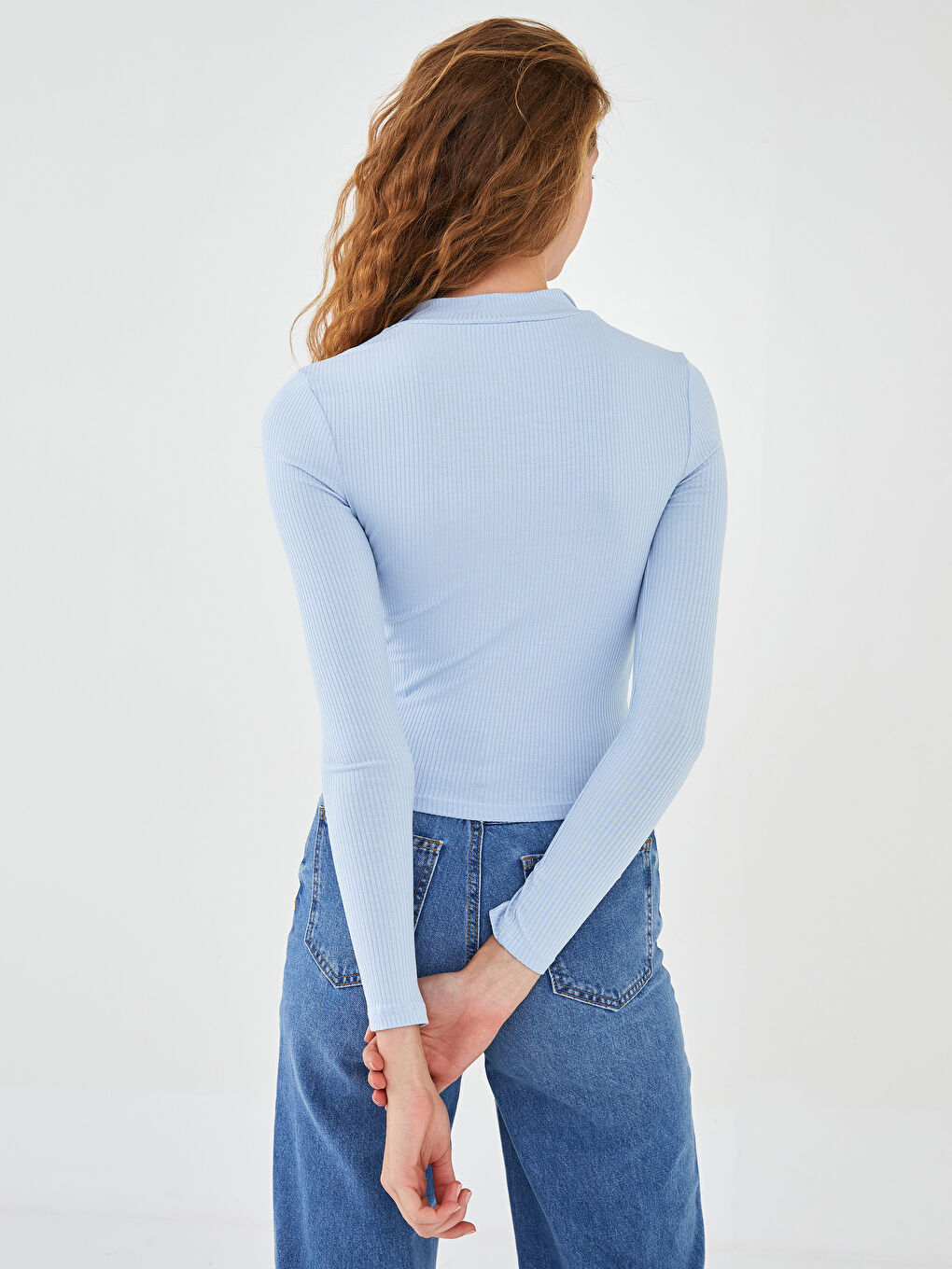 Mavi Dik Yaka Düz Uzun Kollu Kadın Crop-5