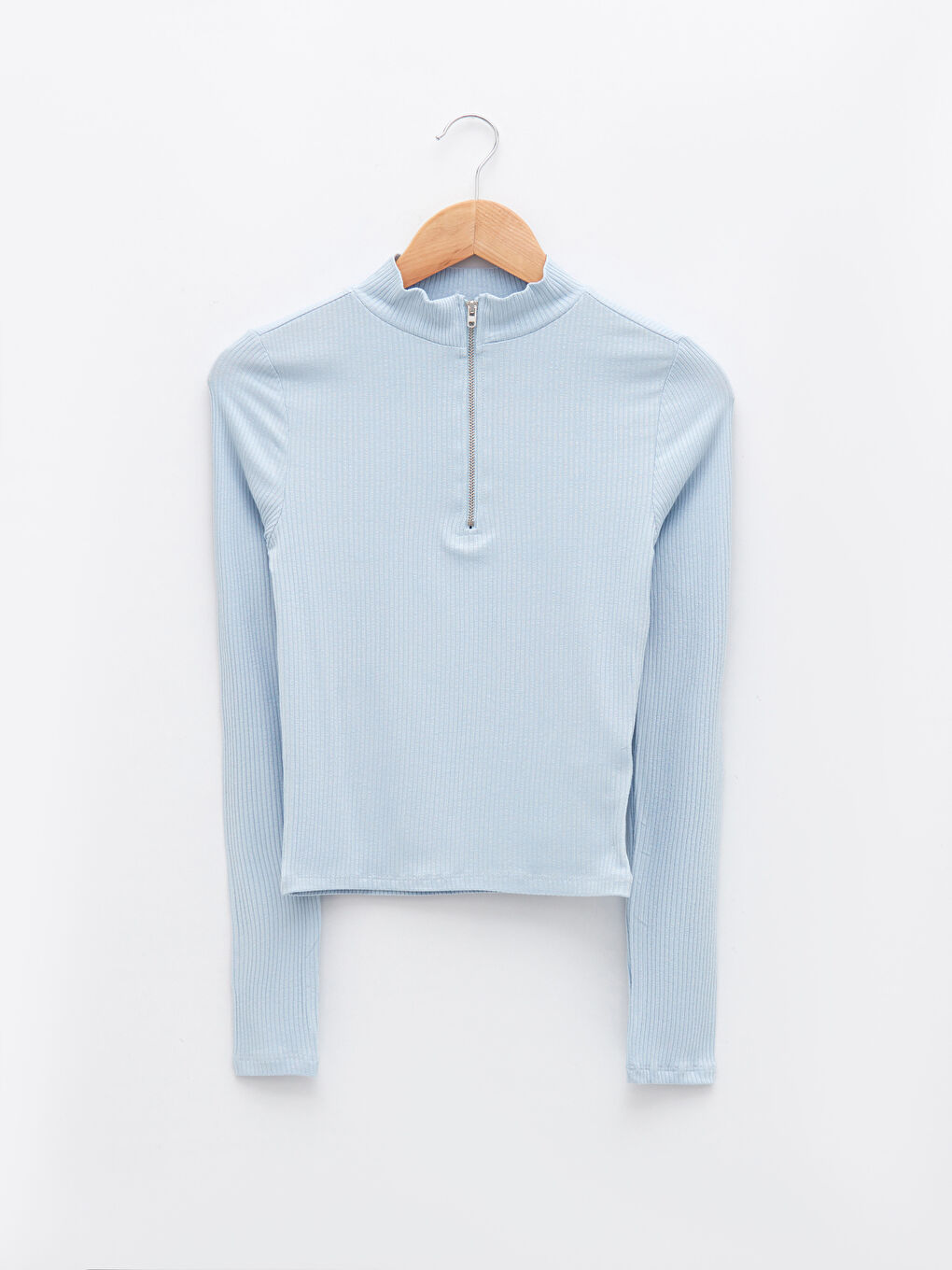 Mavi Dik Yaka Düz Uzun Kollu Kadın Crop-6