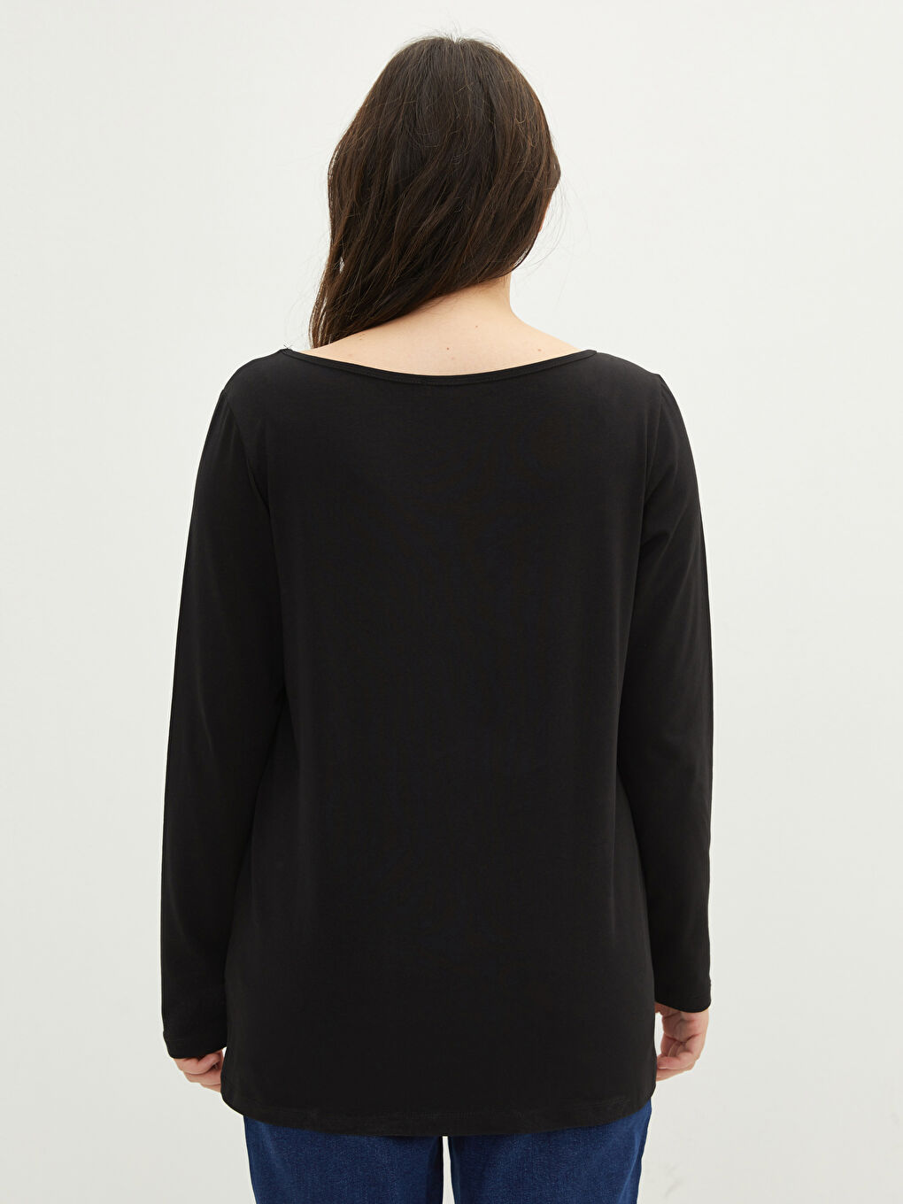 Siyah Büyük Beden Bisiklet Yaka Düz Uzun Kollu Kadın Tişört-4