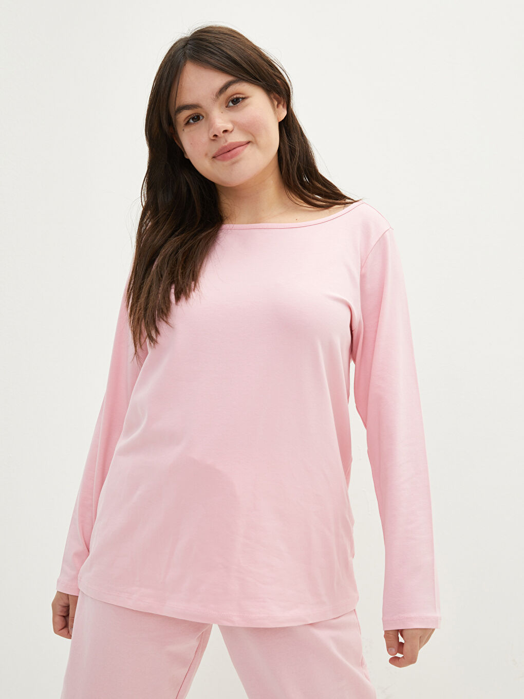 Pembe Büyük Beden Bisiklet Yaka Düz Uzun Kollu Kadın Tişört