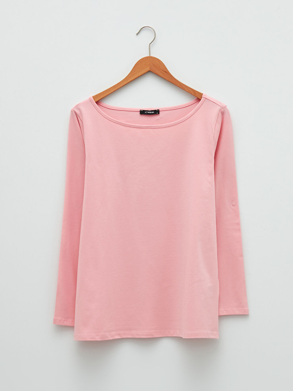 Pembe Büyük Beden Bisiklet Yaka Düz Uzun Kollu Kadın Tişört-4