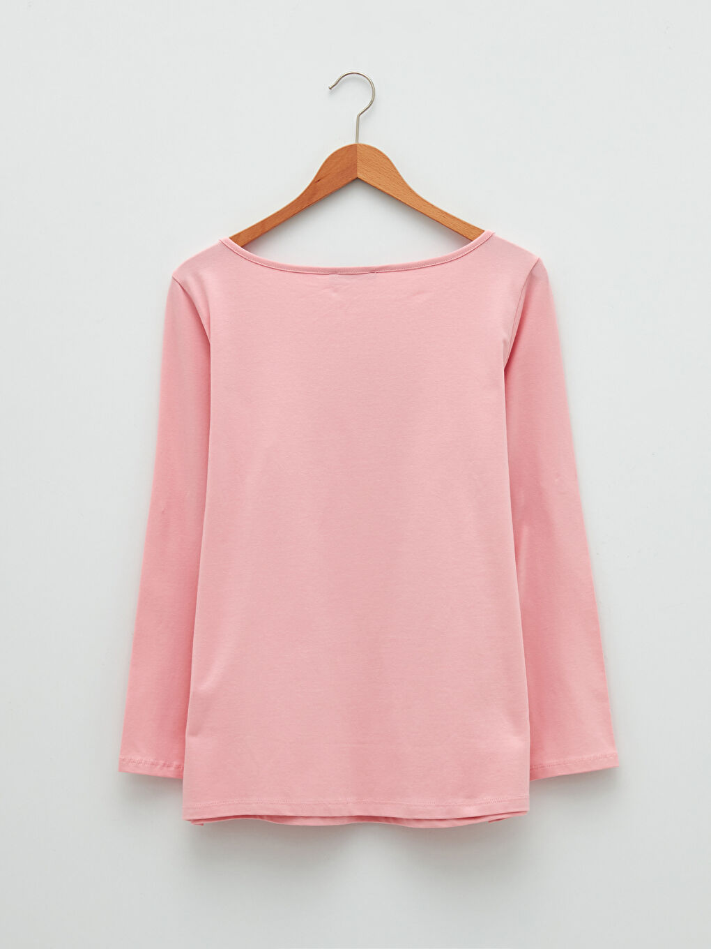 Pembe Büyük Beden Bisiklet Yaka Düz Uzun Kollu Kadın Tişört-5