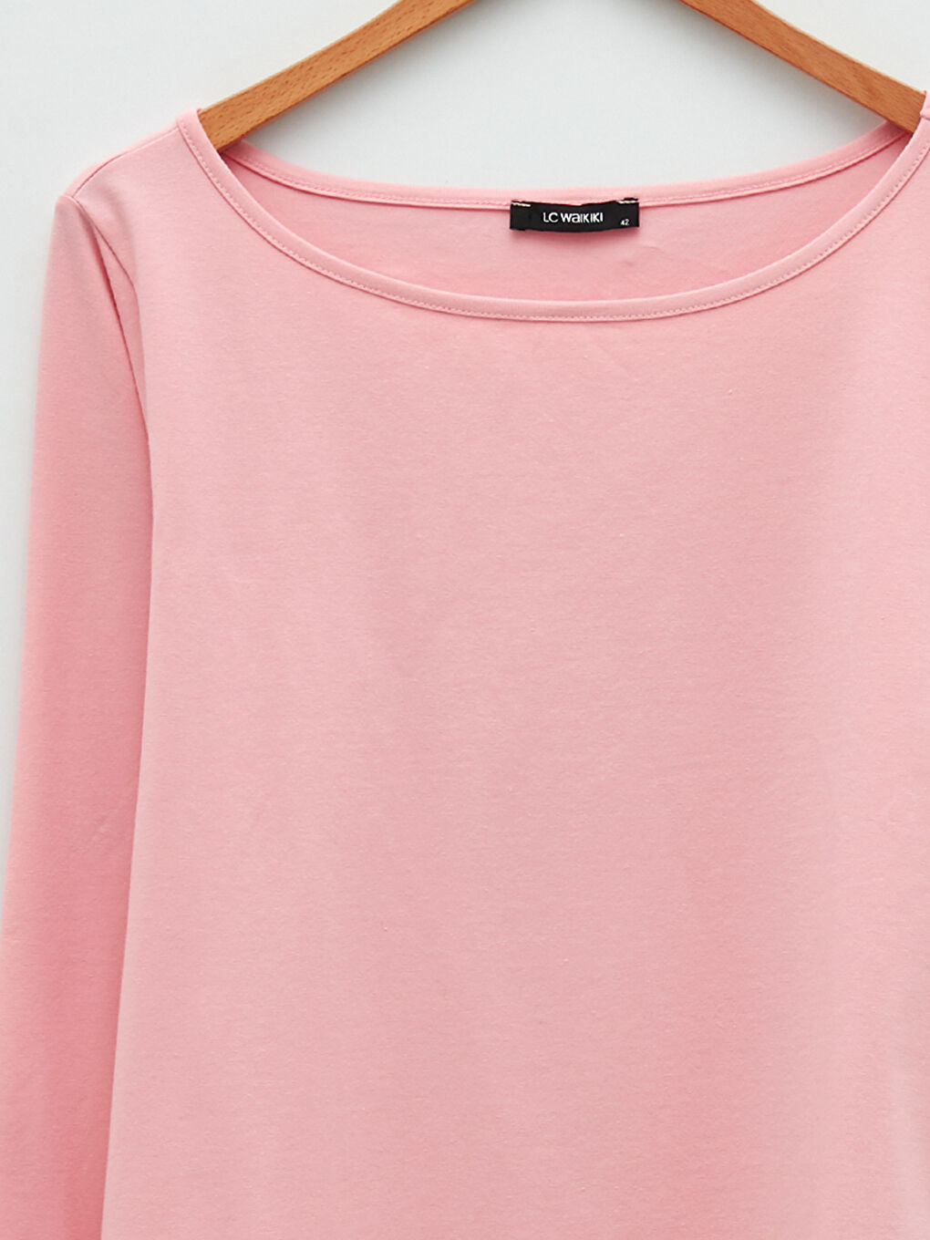 Pembe Büyük Beden Bisiklet Yaka Düz Uzun Kollu Kadın Tişört-6