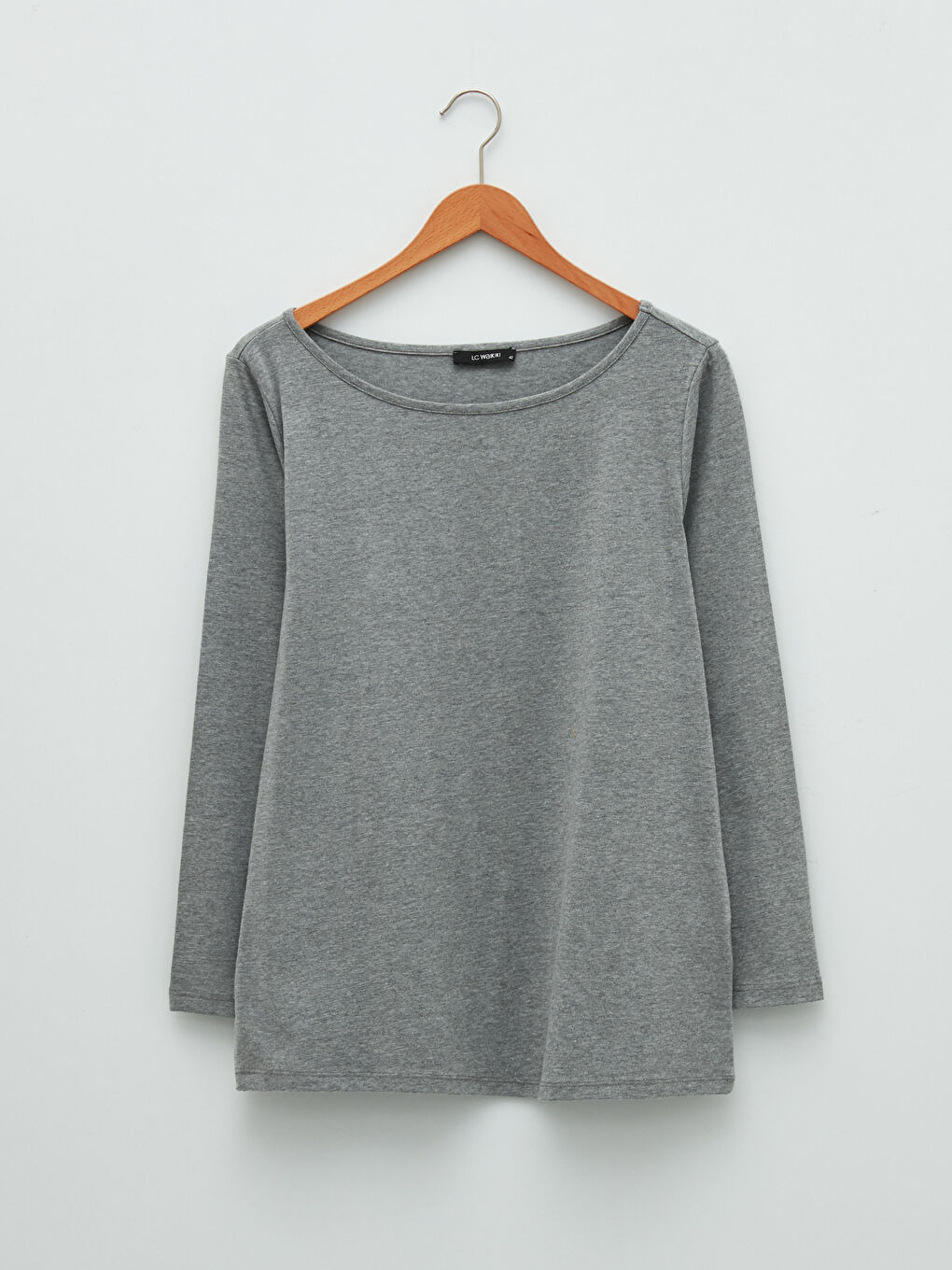 Gri Büyük Beden Bisiklet Yaka Düz Uzun Kollu Kadın Tişört-4